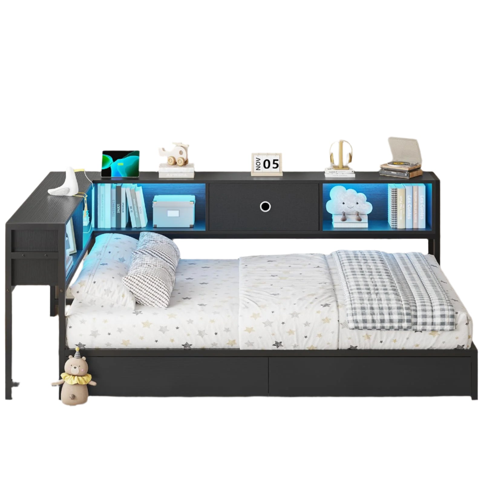 Twin Corner Bed Frame with Bookcase Storage and Led Lights