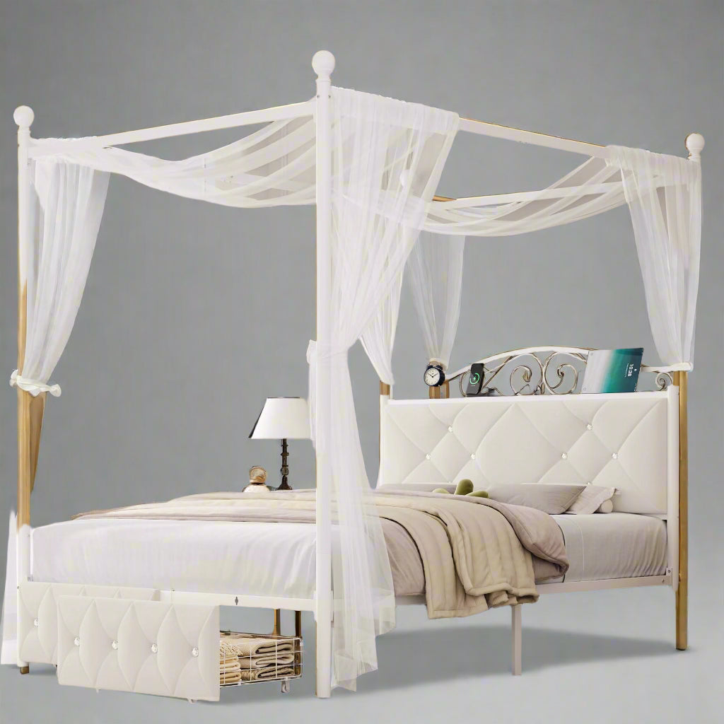 Full Upholstered Canopy Bed Frame with 2 Drawers & Crystal Tufted Storage Headboard