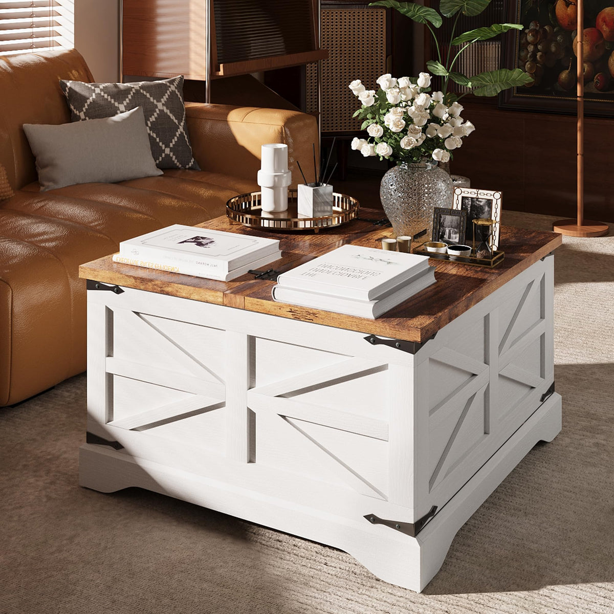 Farmhouse Square Coffee Table with Lift-Top Storage