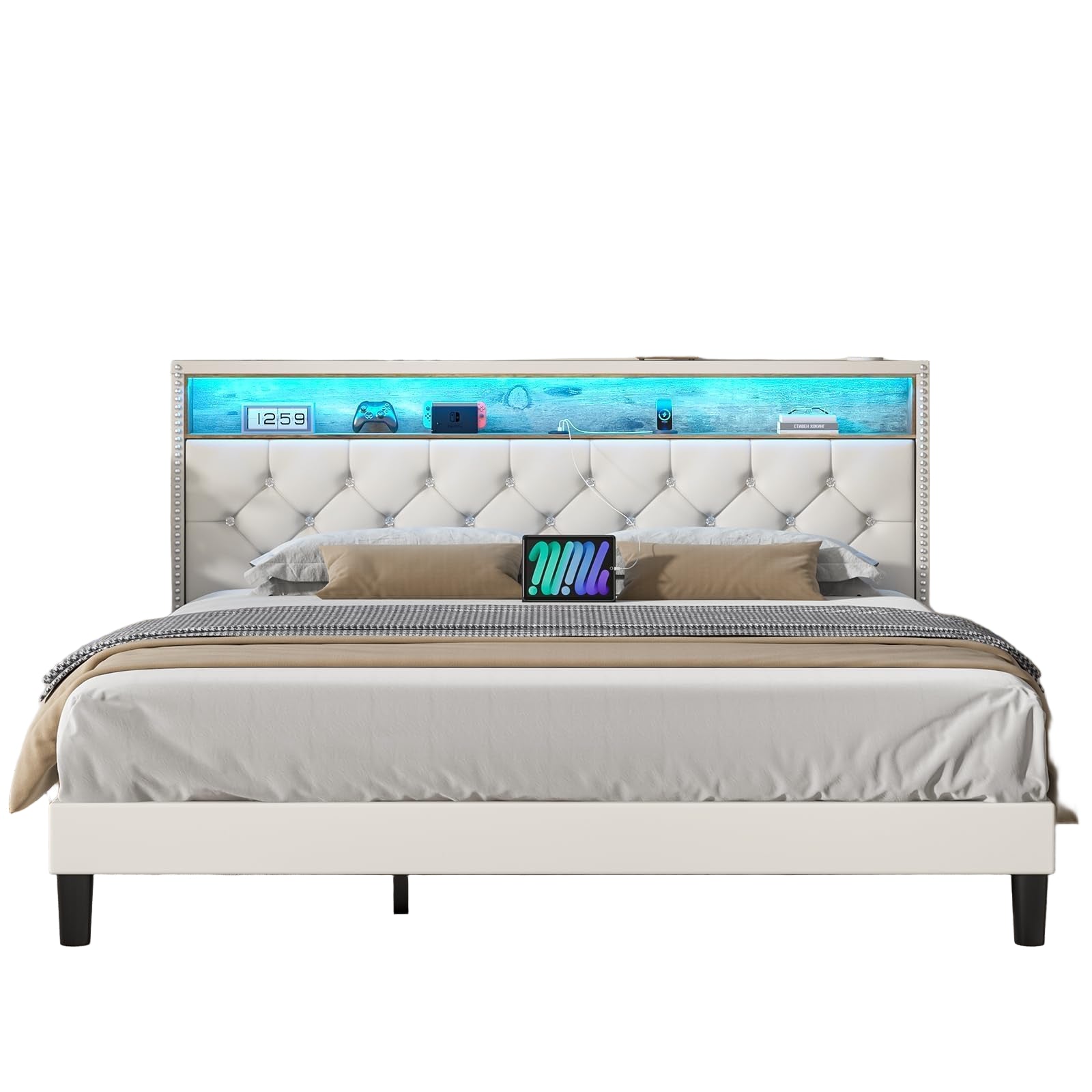King Bed Frame with LED Lights, Velvet Upholstered Platform Bed