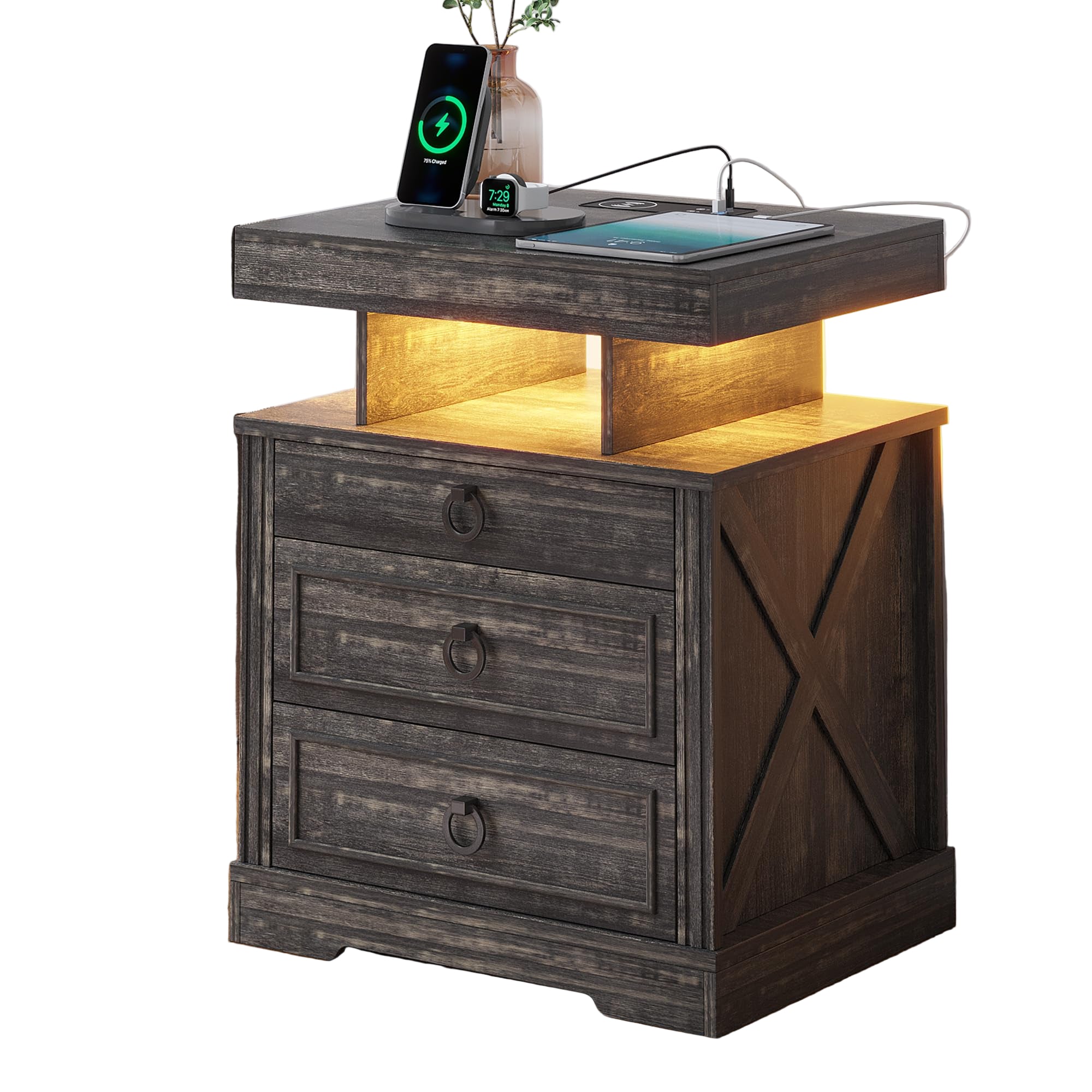 Nightstand with Gun Drawers, LED Night Stand with Charging Station