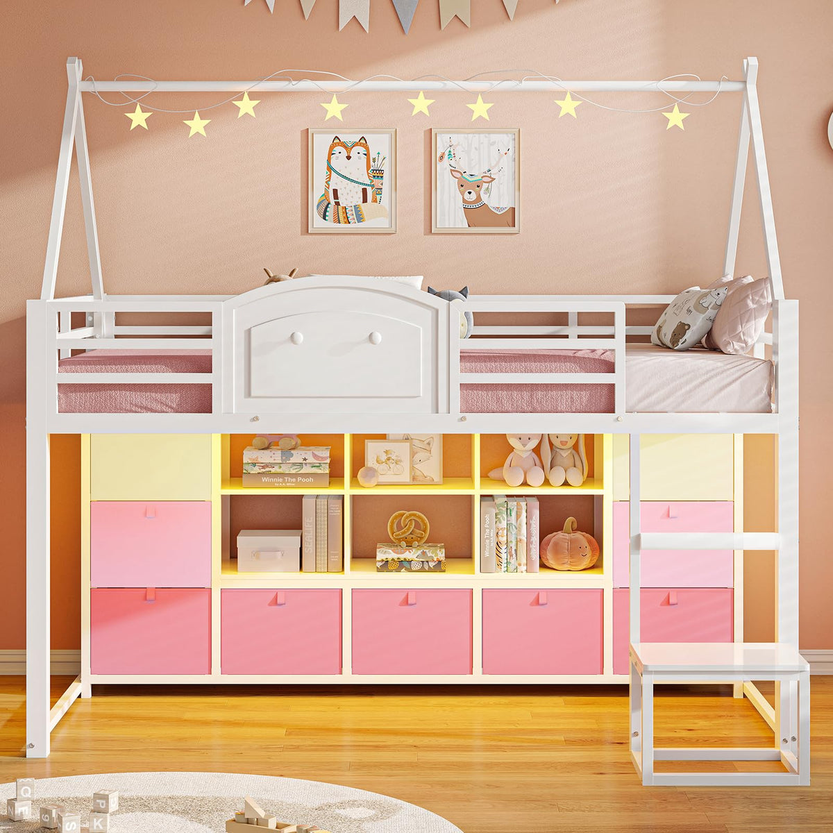 Low Loft Bed with Storage Drawers, Bookcase & LED Lights