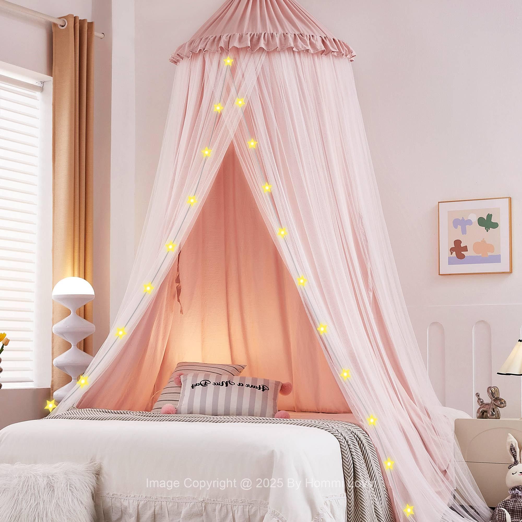 Double Layers Bed Canopy with Star Lights, 3 Pieces Layers Canopy for Girls Bed