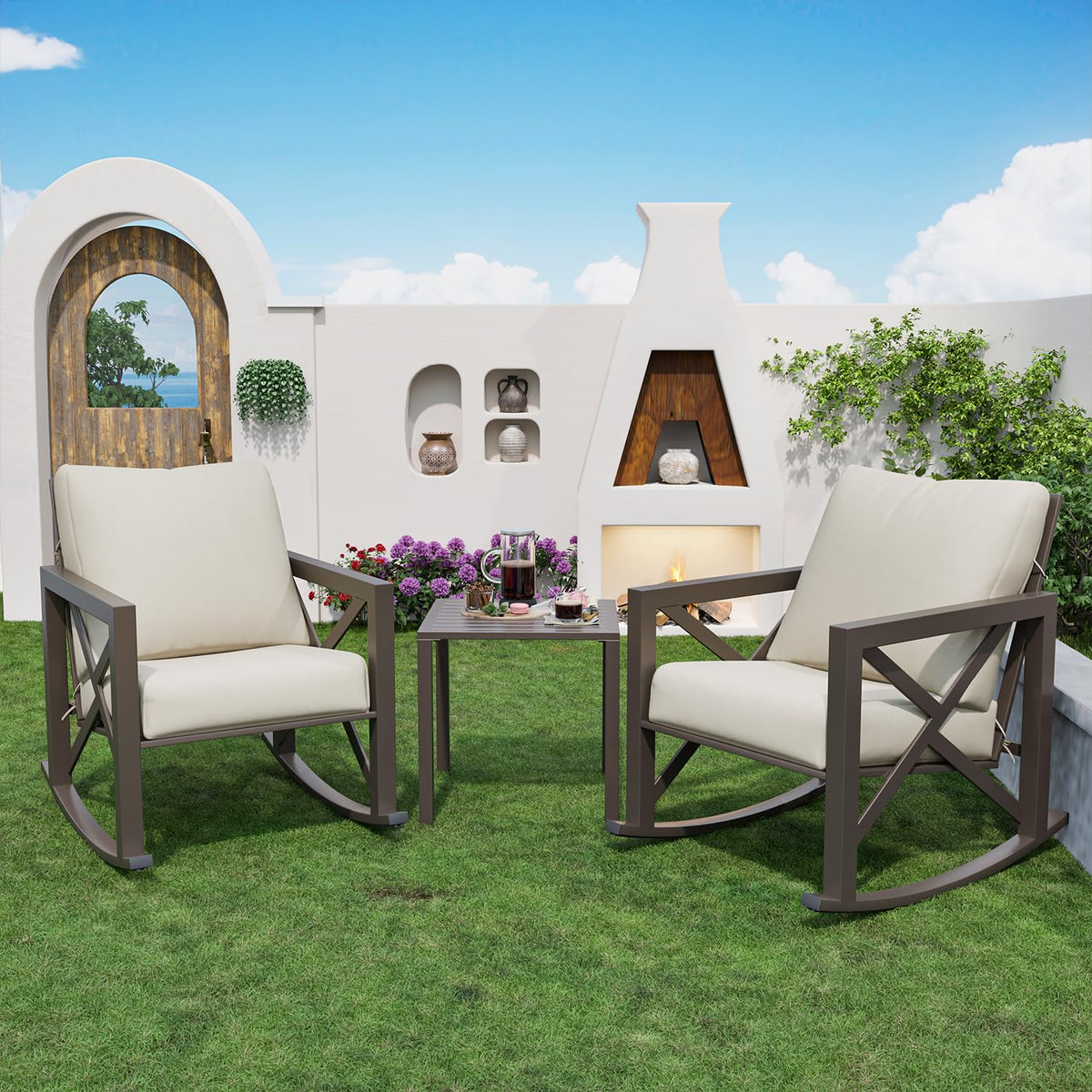 Outdoor Rocking Bistro Set – 2 Patio Chairs & Coffee Table