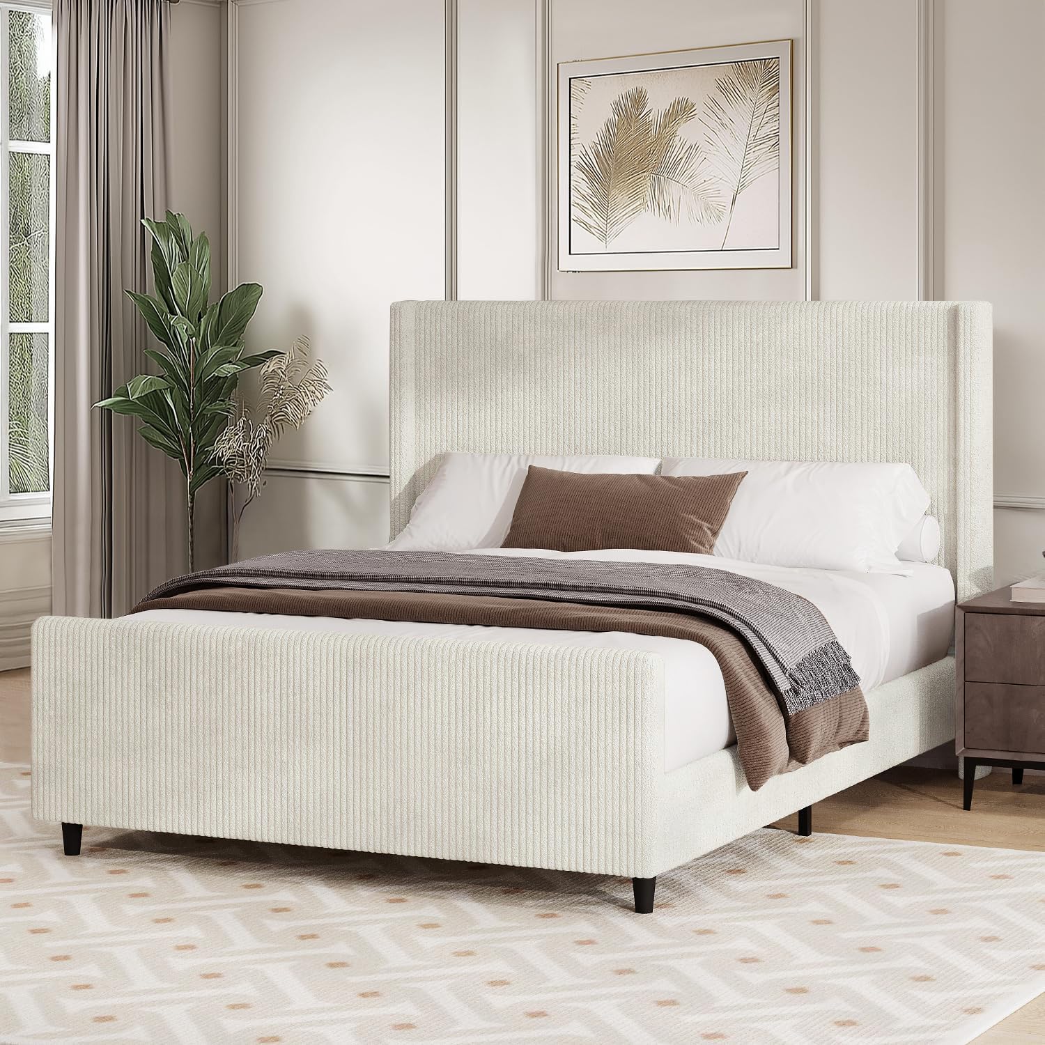 Queen Size Corduroy Upholstered Platform Bed Frame