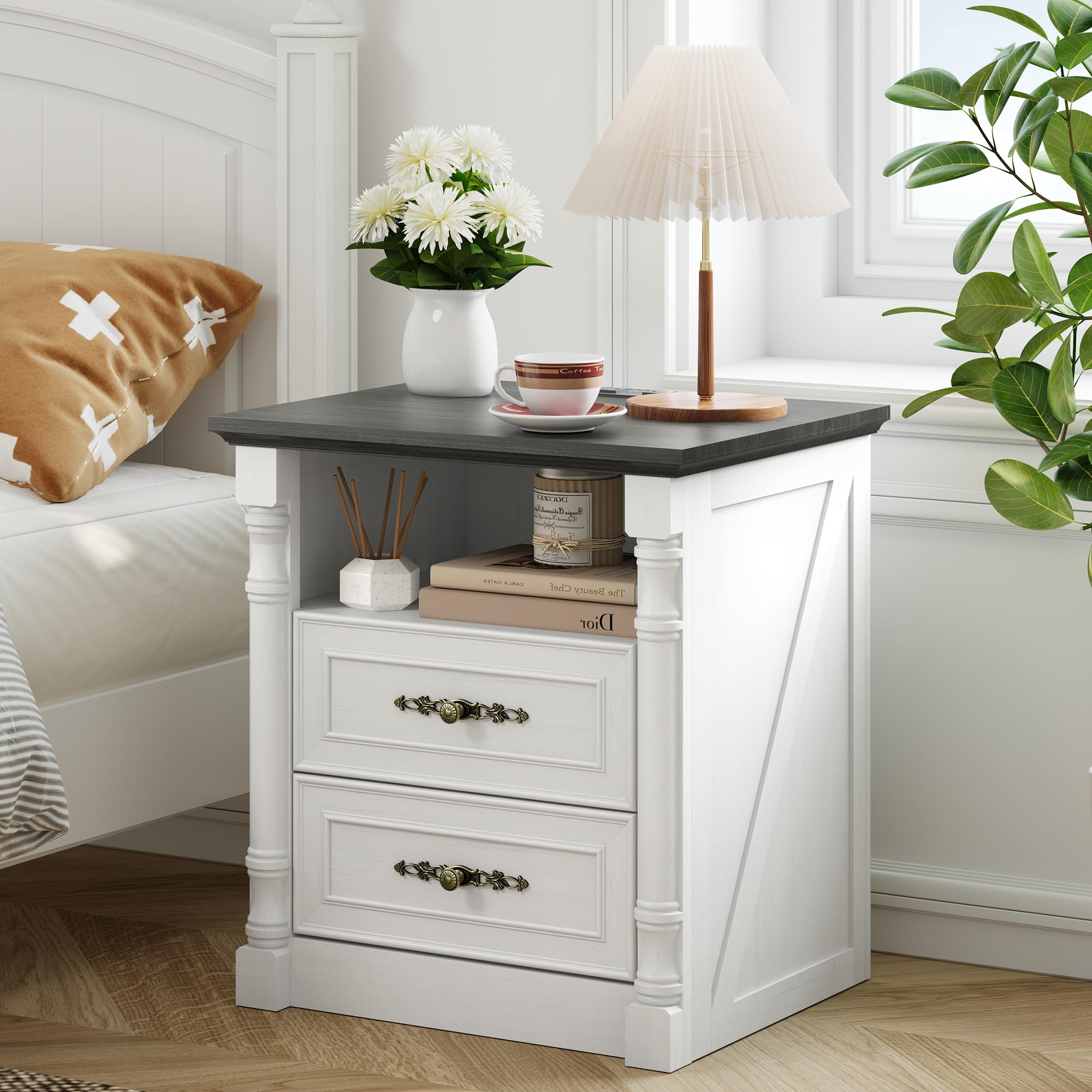 Farmhouse Nightstand with Charging Station and 2 Storage Drawers