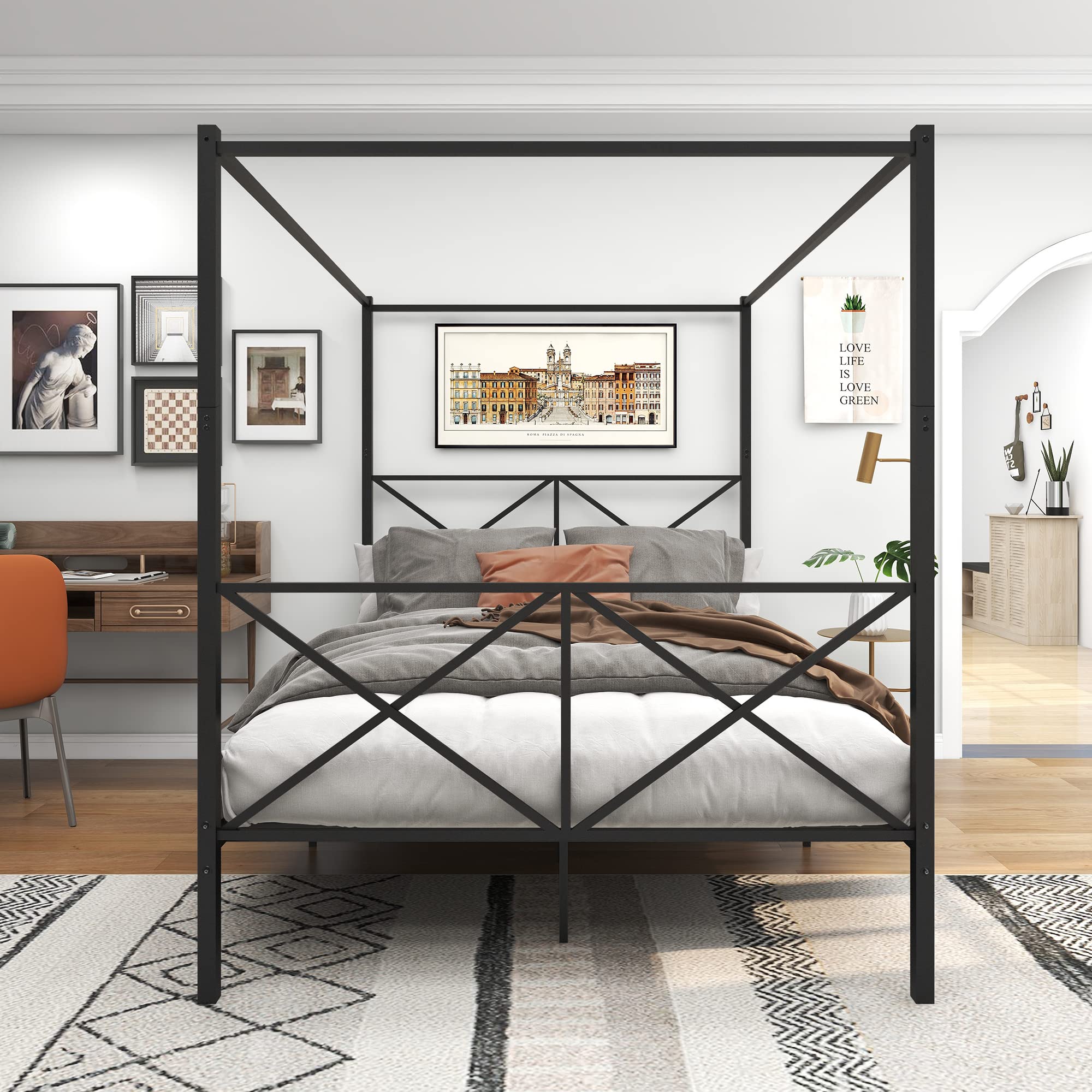 Metal Canopy Bed Frame Queen Size, Metal Canopy 4 Poster Bed Frame