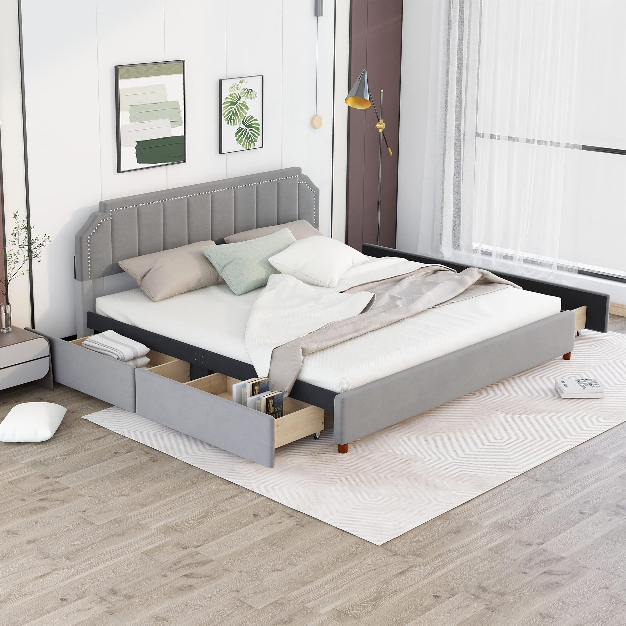 King Size Upholstery Platform Bed with Nailhead Trim Headboard, Velvet Fabric Platform