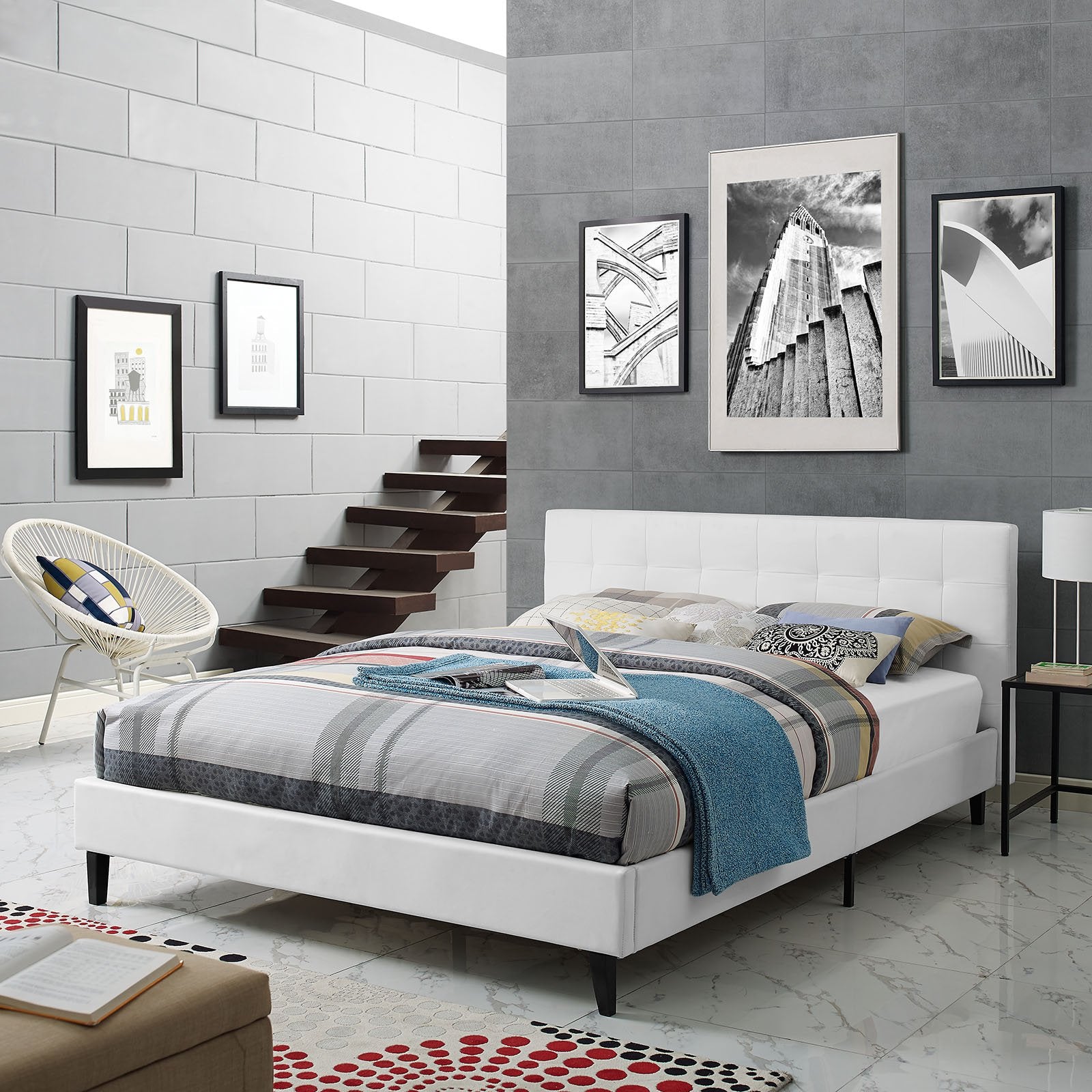 Linnea Upholstered White Faux Leather Queen Platform Bed