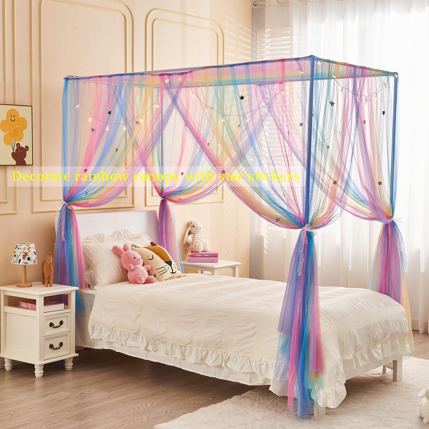 Rainbow Bed Canopy for Girls Kids with Light, 4 Corner Post Princess Canopy