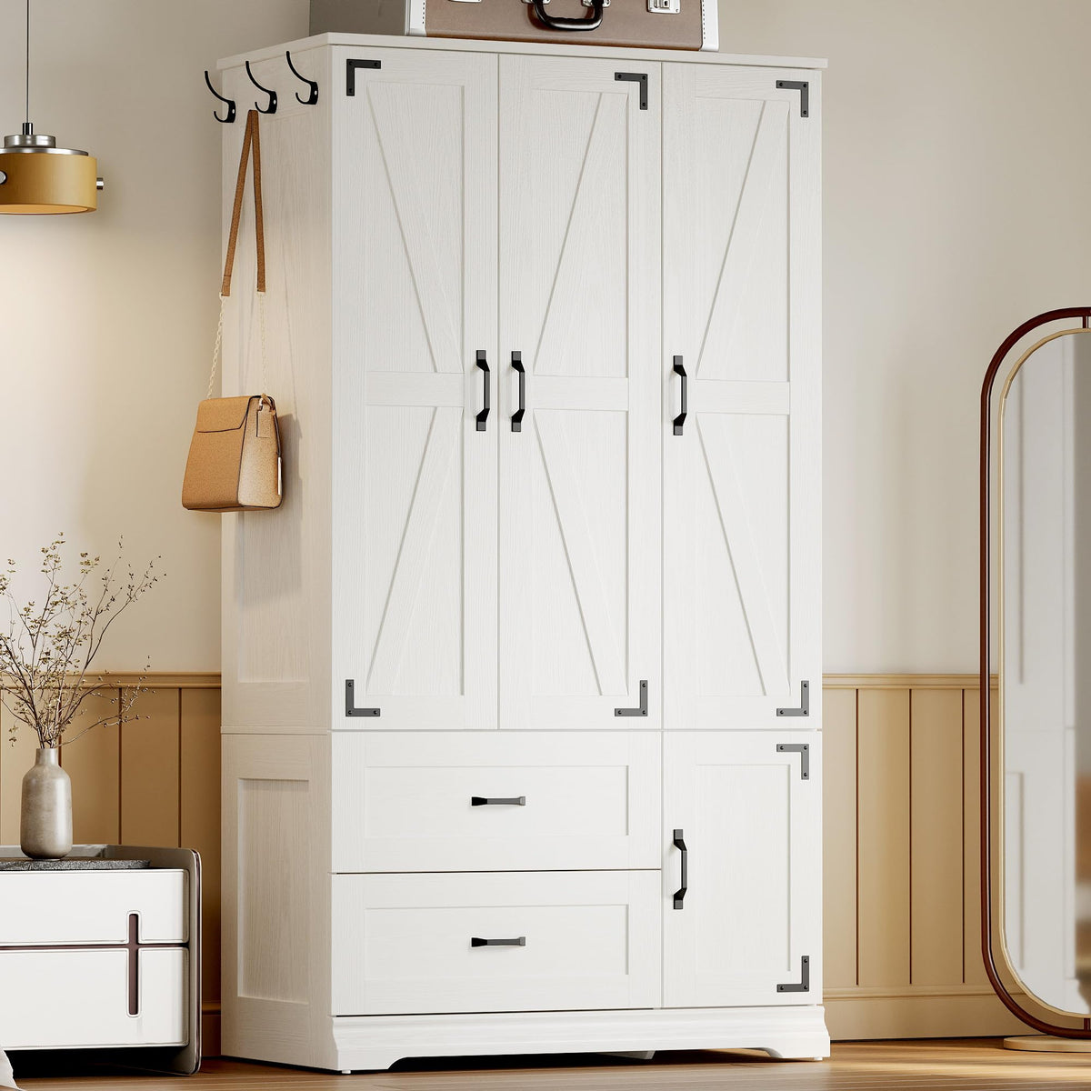 Wardrobe Armoire Closet 71" – 4 Doors & 2 Drawers, White