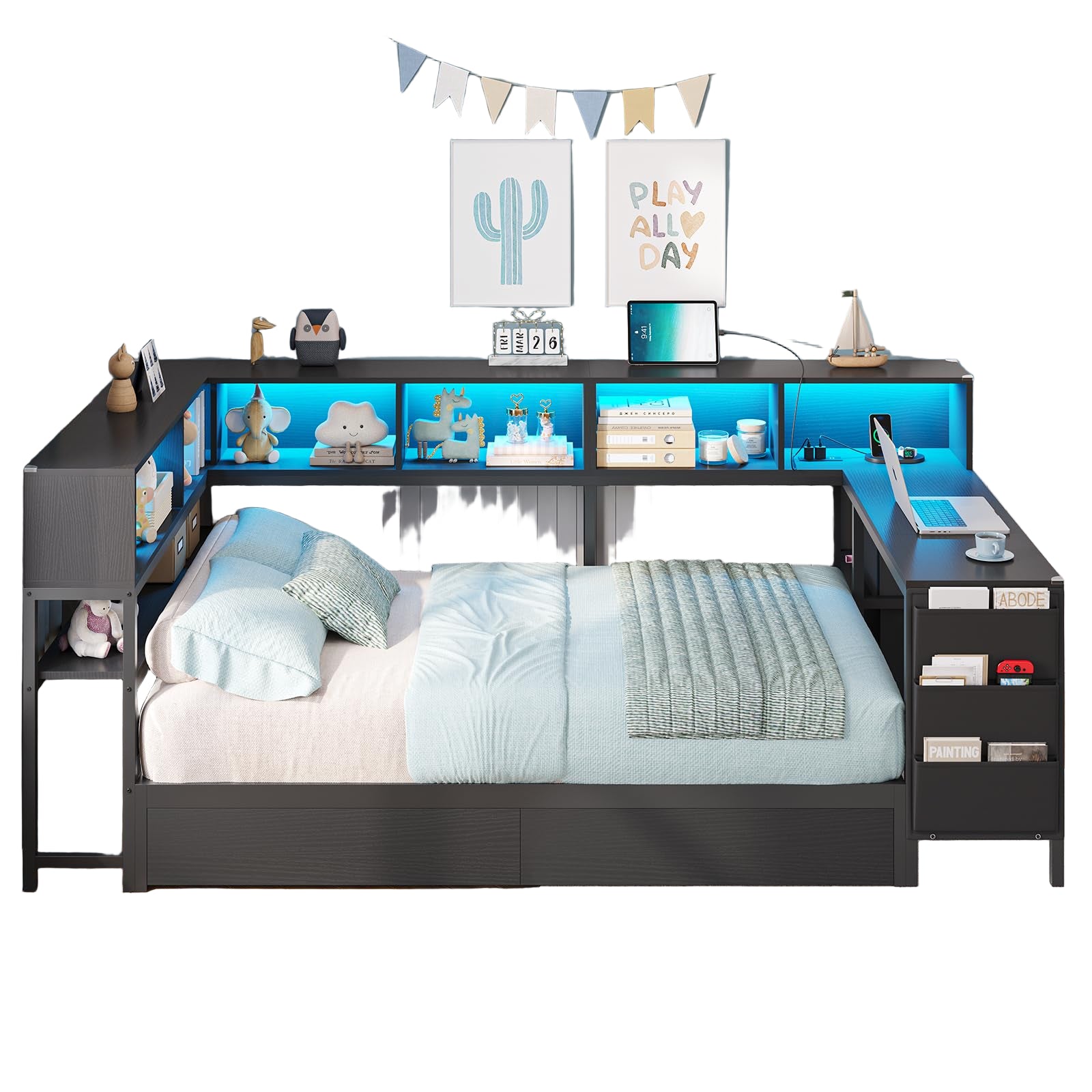 Corner Twin Bed Frame with Desk,Charging Station and Bookcase Storage