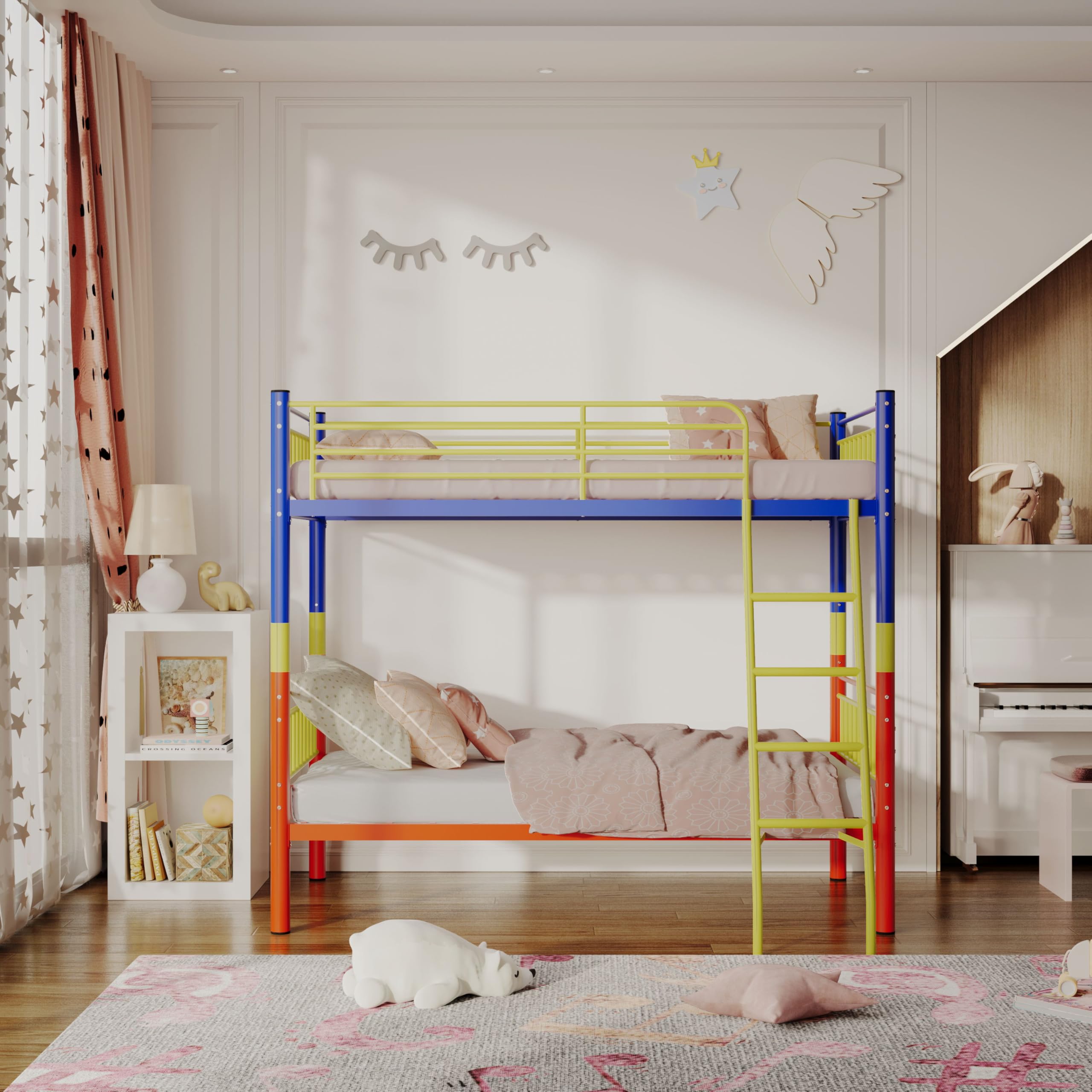 AUEYTVR Metal Bunk Bed Twin Over Twin,Twin Bunk Beds for Adults & Kids with Ladder and Guardrail,Heavy Duty Metal Slats Support No Box Spring Needed Small Space Saving Furniture for Bedroom Dorm