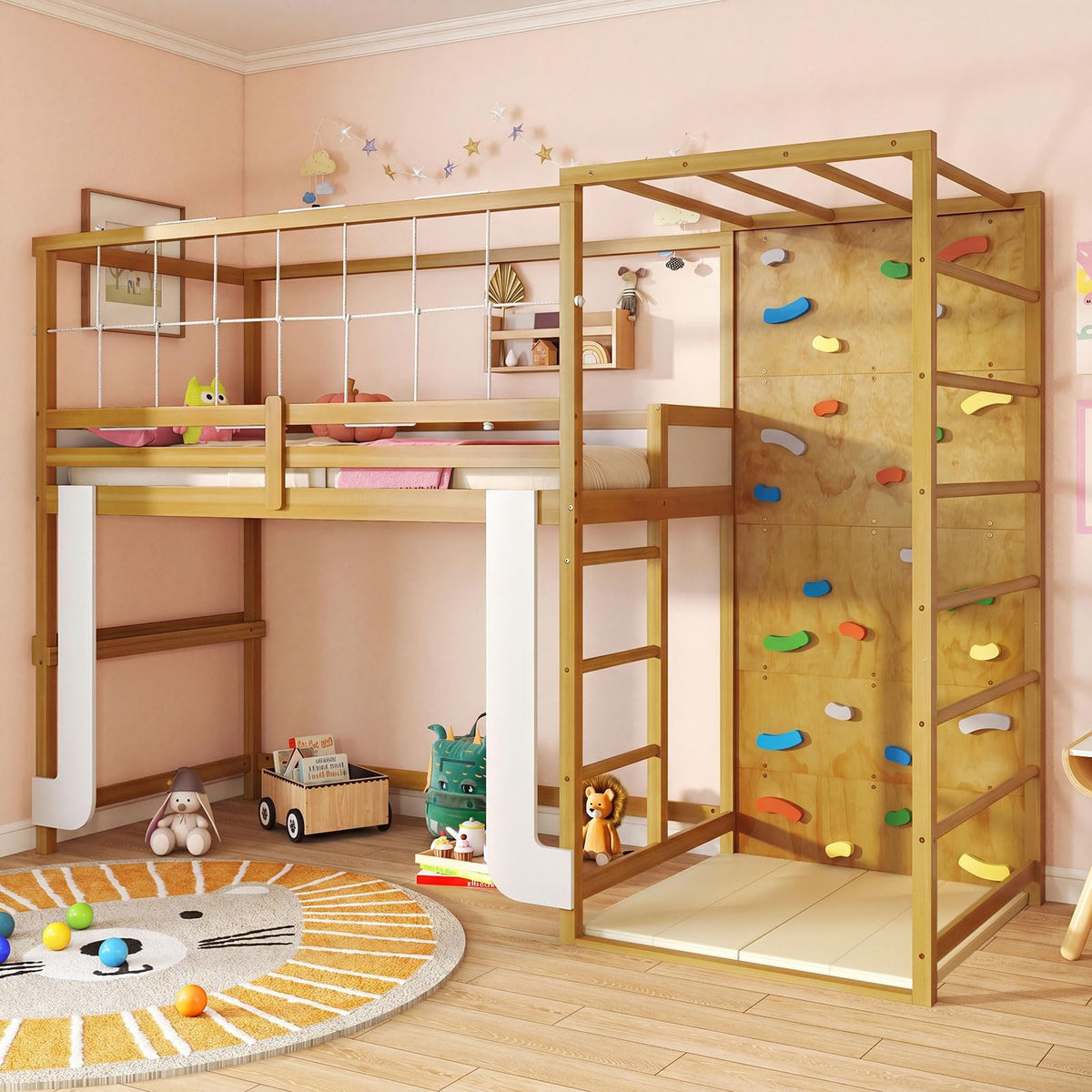 Giantex Twin Bunk Bed with Jungle Gym, 4-in-1 Wooden Loft Bed with Climbing Ladder, Rock Wall & Monkey Bar, Montessori Playhouse Bed with Full Length Guardrail & Wood Slat Support for Kids (Natural)