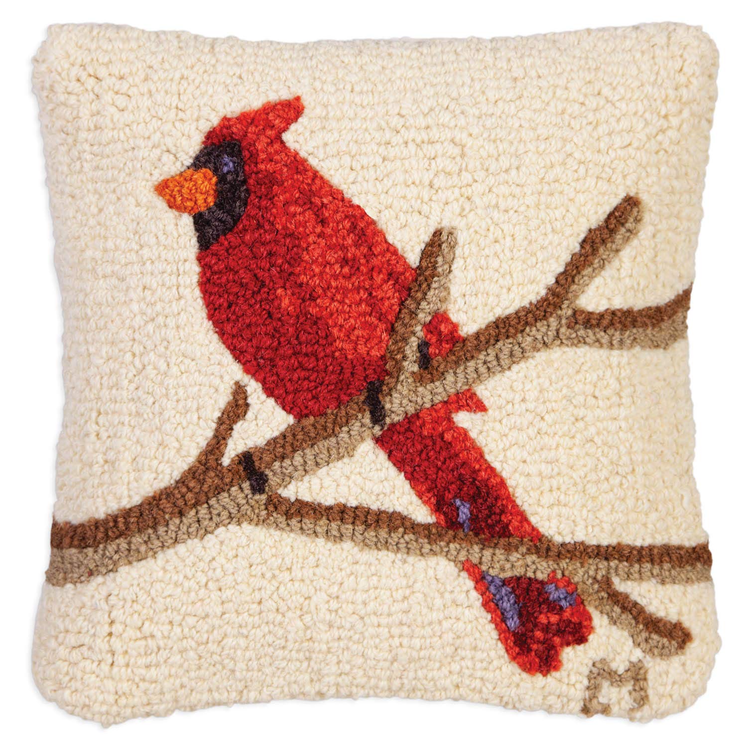 Artist-Designed Cardinal on White Hand-Hooked Wool Decorative