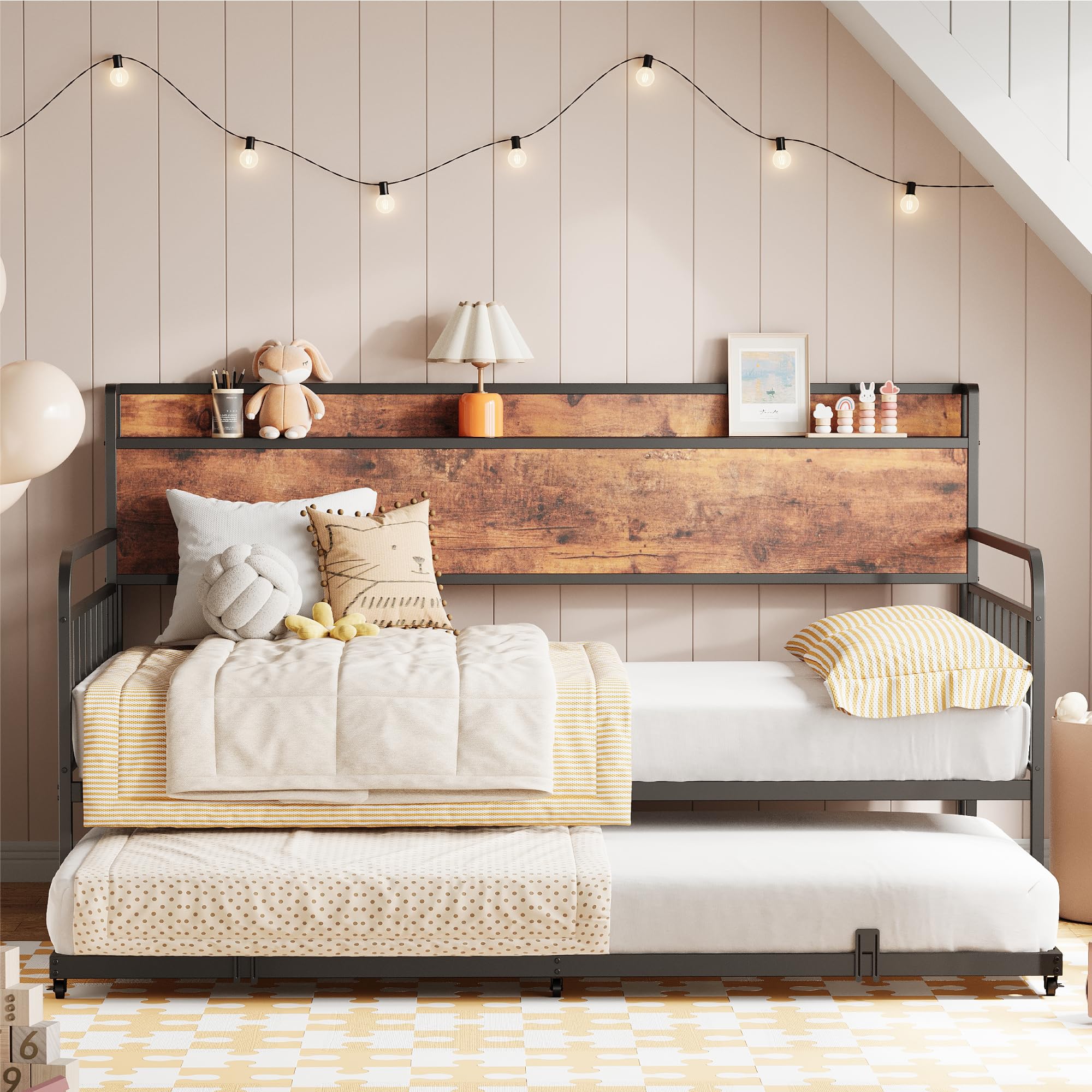 Daybed with Trundle, Twin Bed Frame with Storage Headboard and Charging Station