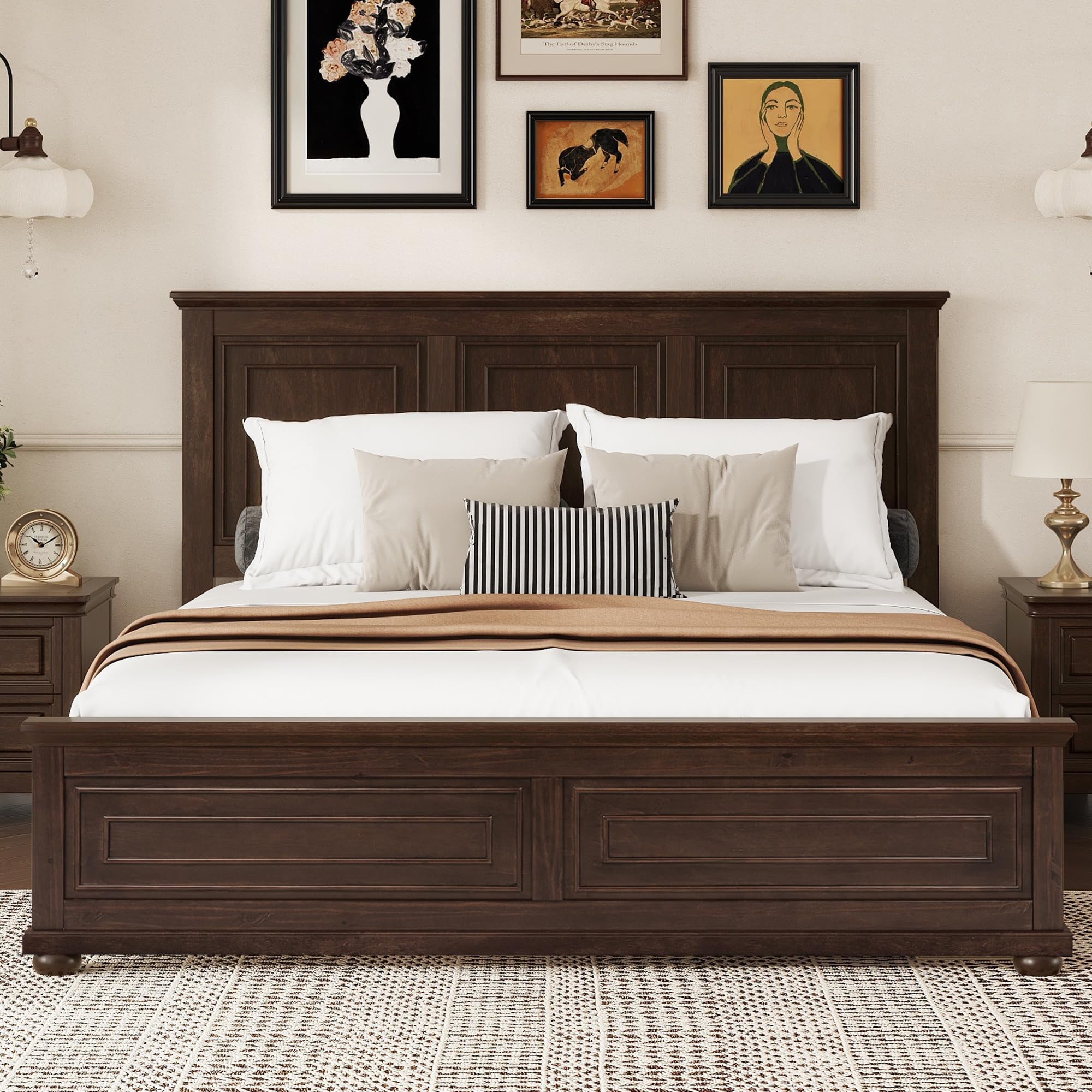 King Size Platform Bed with Tall Headboard & Footboard, Pinewood King Bed Frame
