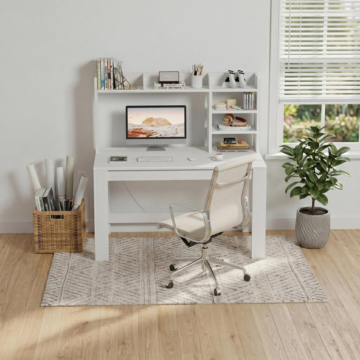43" Writing Desk with Hutch, 3-Tier Shelves & Built-In Power Outlet