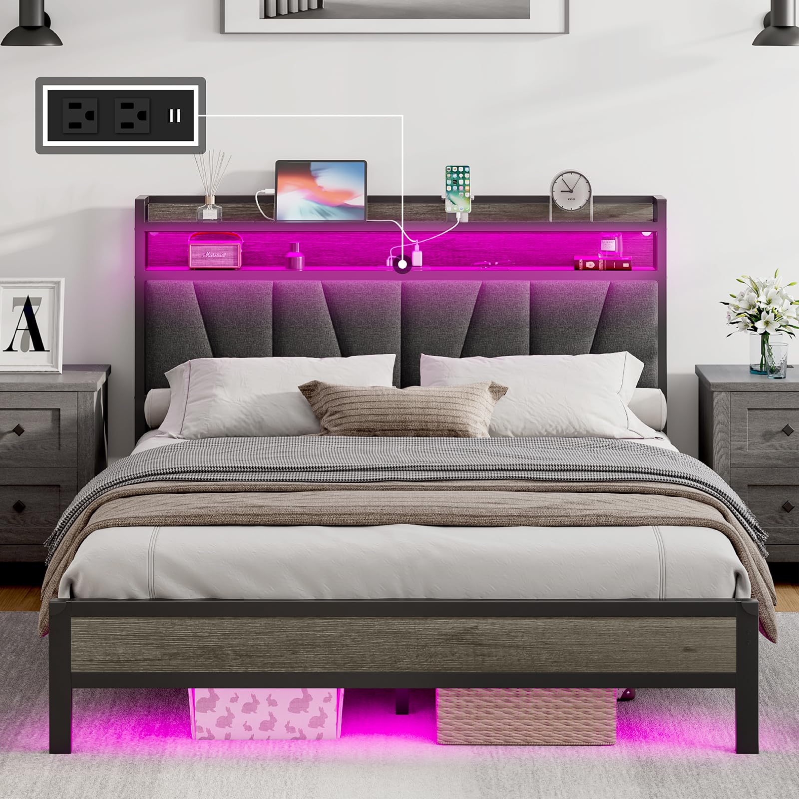 Queen Size Bed Frame with RGB Lights & Charging Station