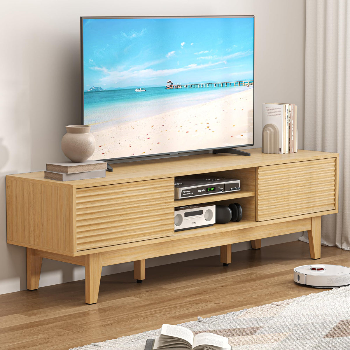 59" Fluted TV Stand with Sliding Doors & Cable Management | Fits TVs up to 70"