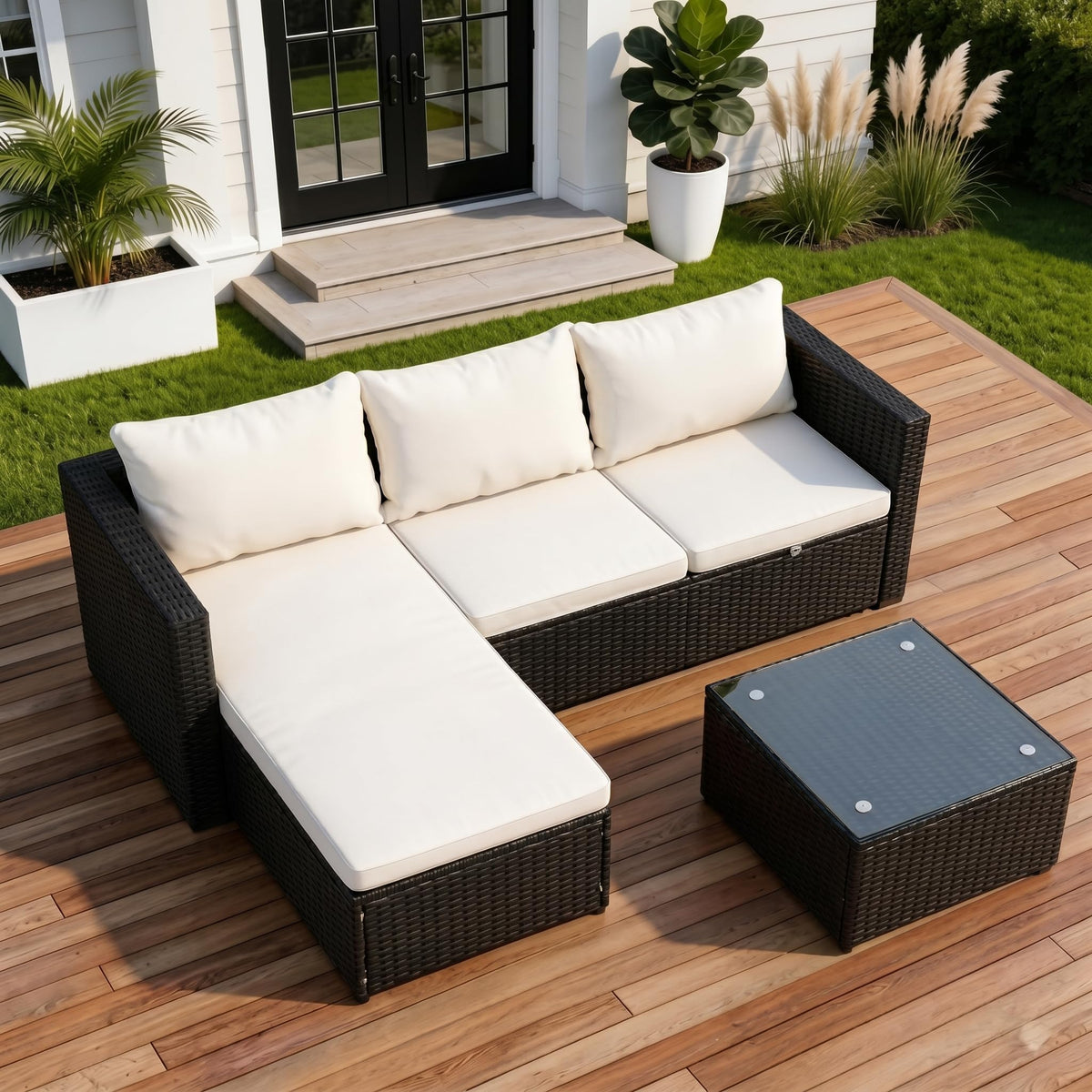 4-Piece Outdoor Sectional Sofa Set with Chaise Lounge & Coffee Table – PE Rattan