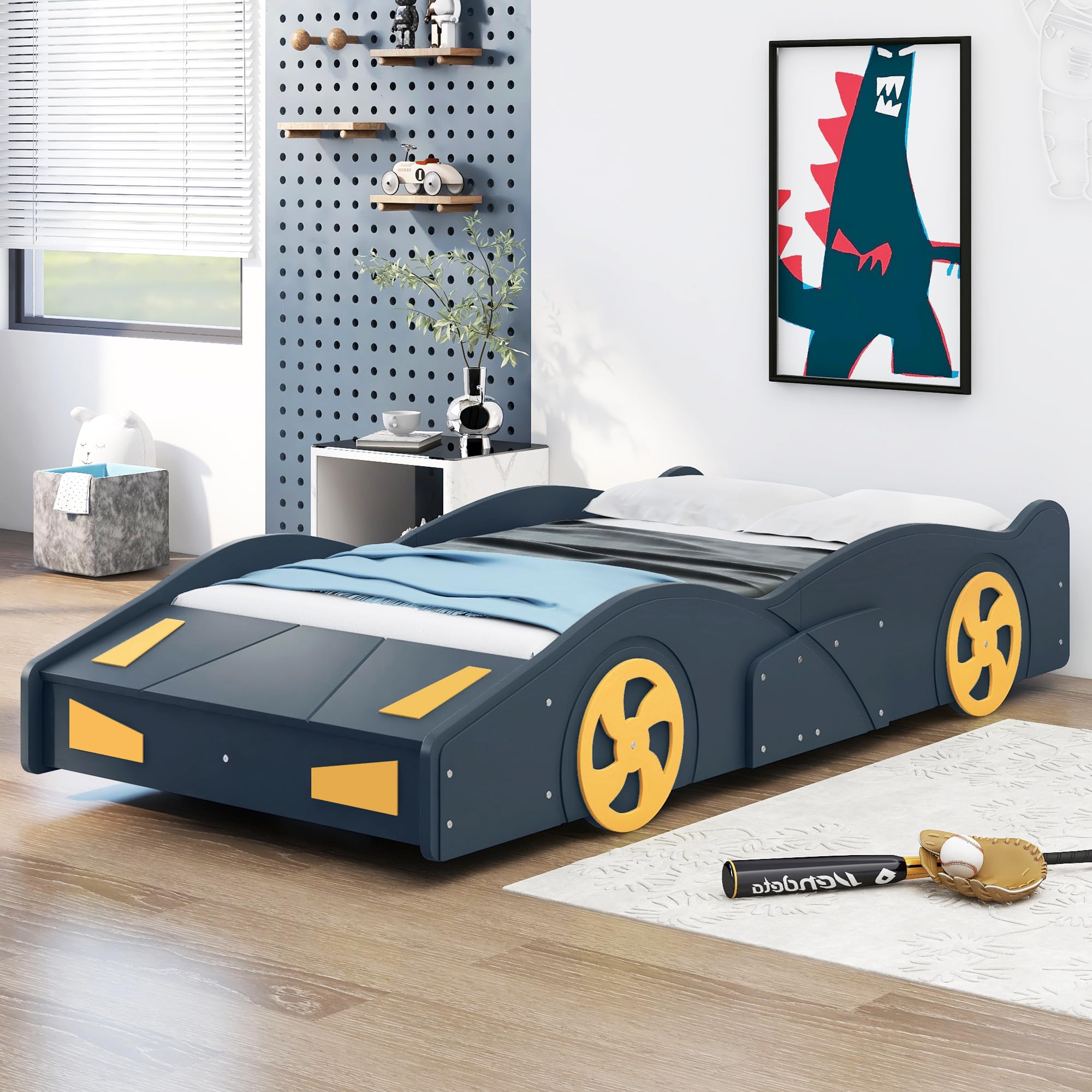 Twin Size Car Shaped Bed with Storage and Wheels for Boys Kids