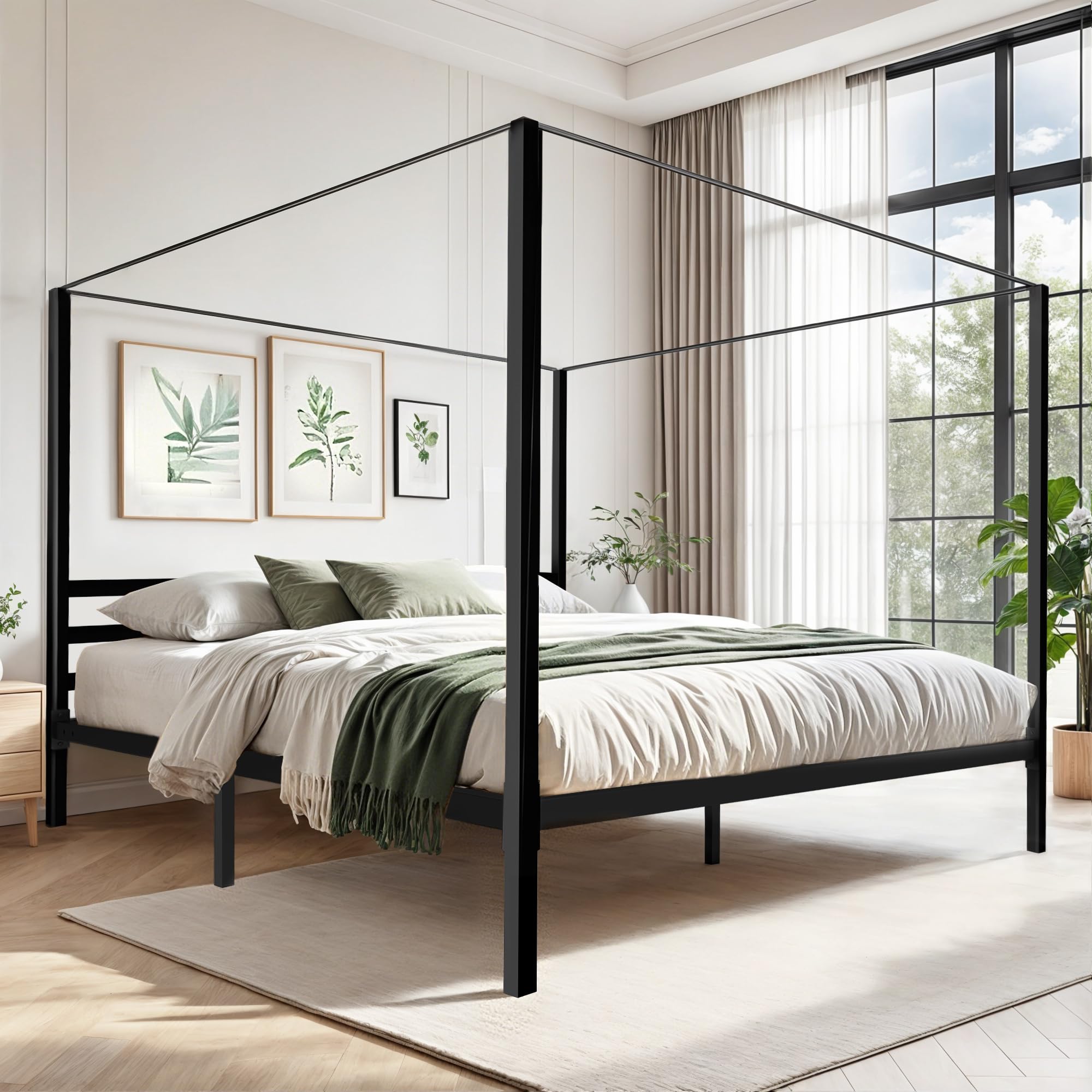 King Size Metal Canopy Bed Frame with Headboard, Four Poster Platform