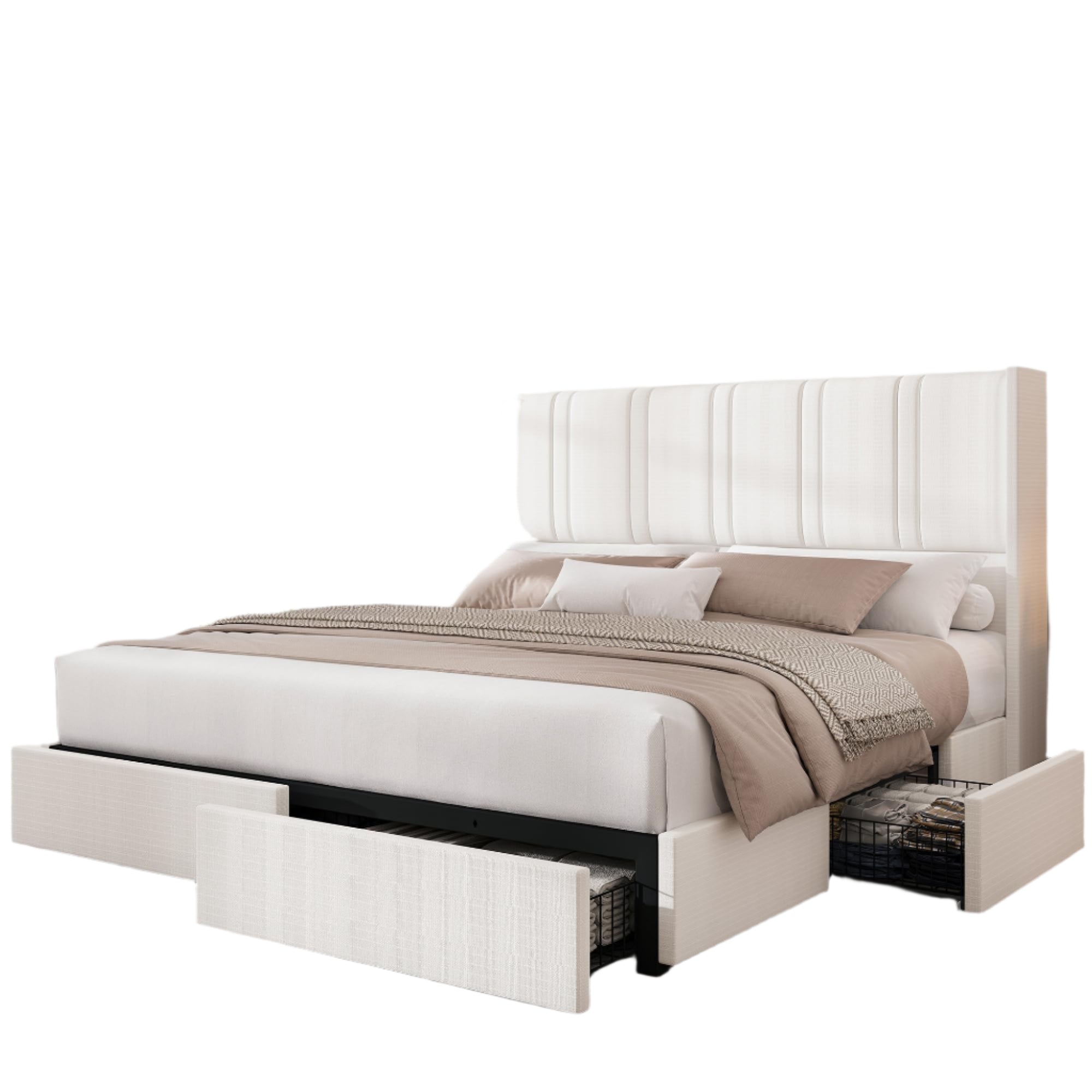 King Size Bed Frame with 4 Storage Drawers and Wingback Headboard Linen