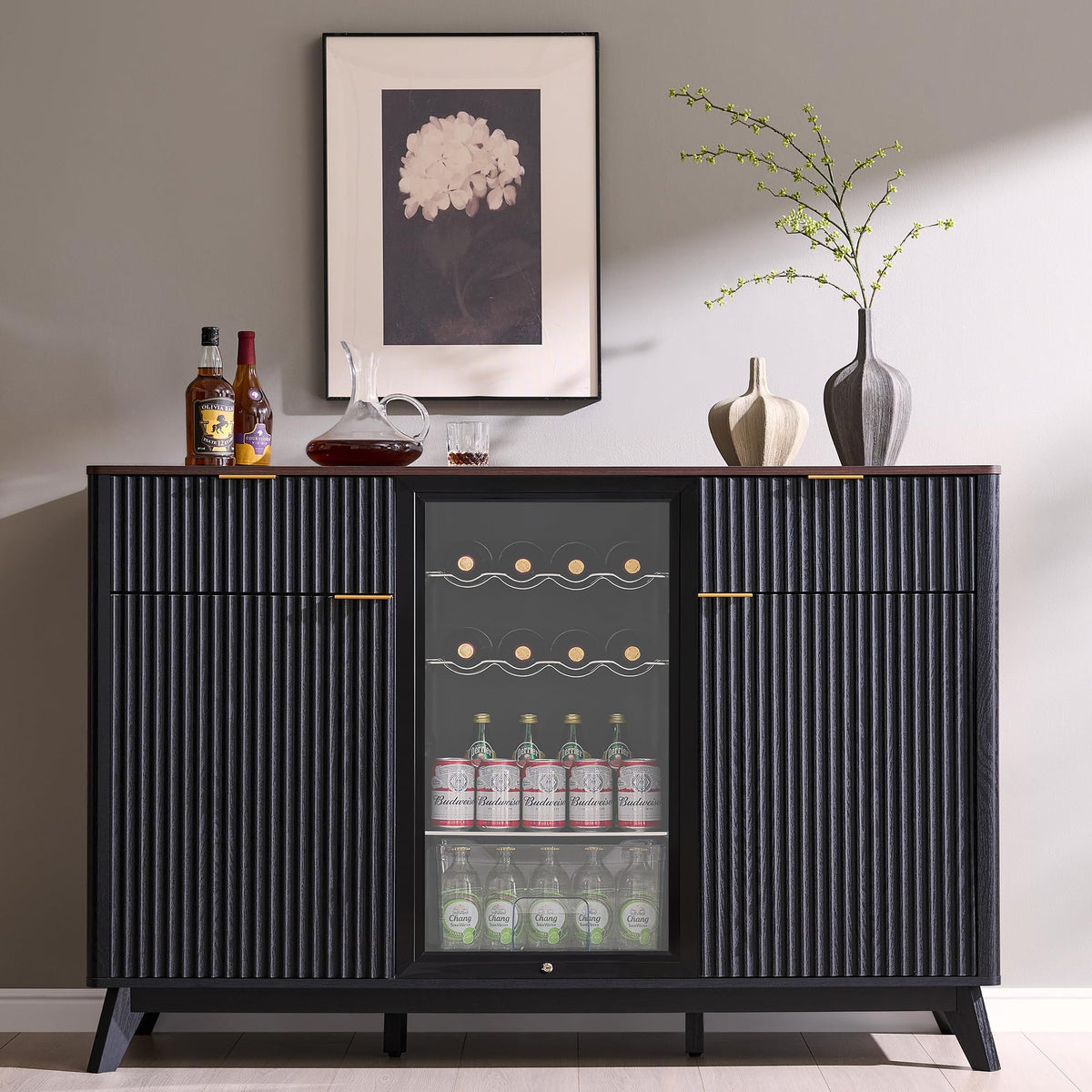 60" Fluted Bar Cabinet with Mini Fridge Space