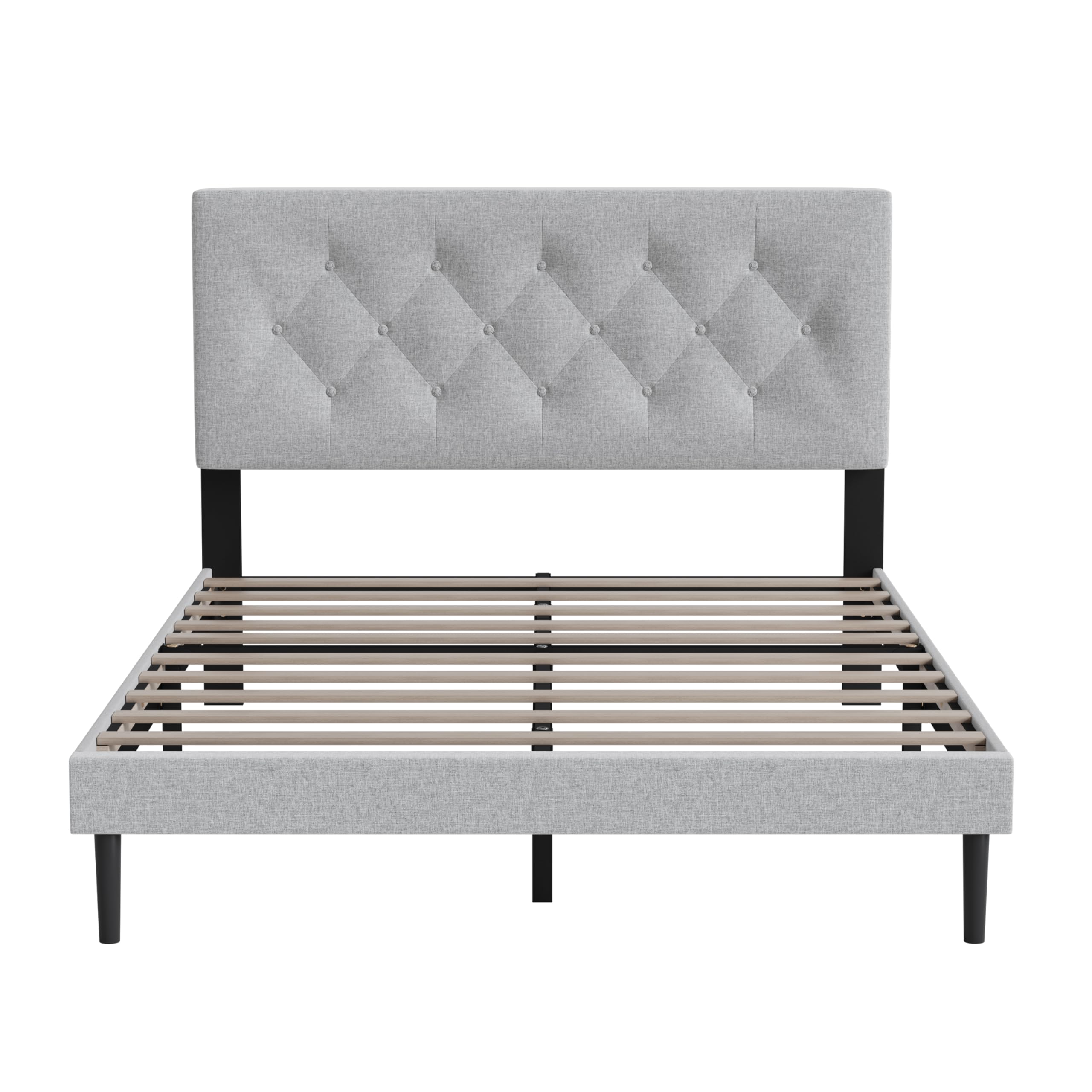 Full Platform Bed Frame with Fabric Button Upholstered Headboard and Wooden