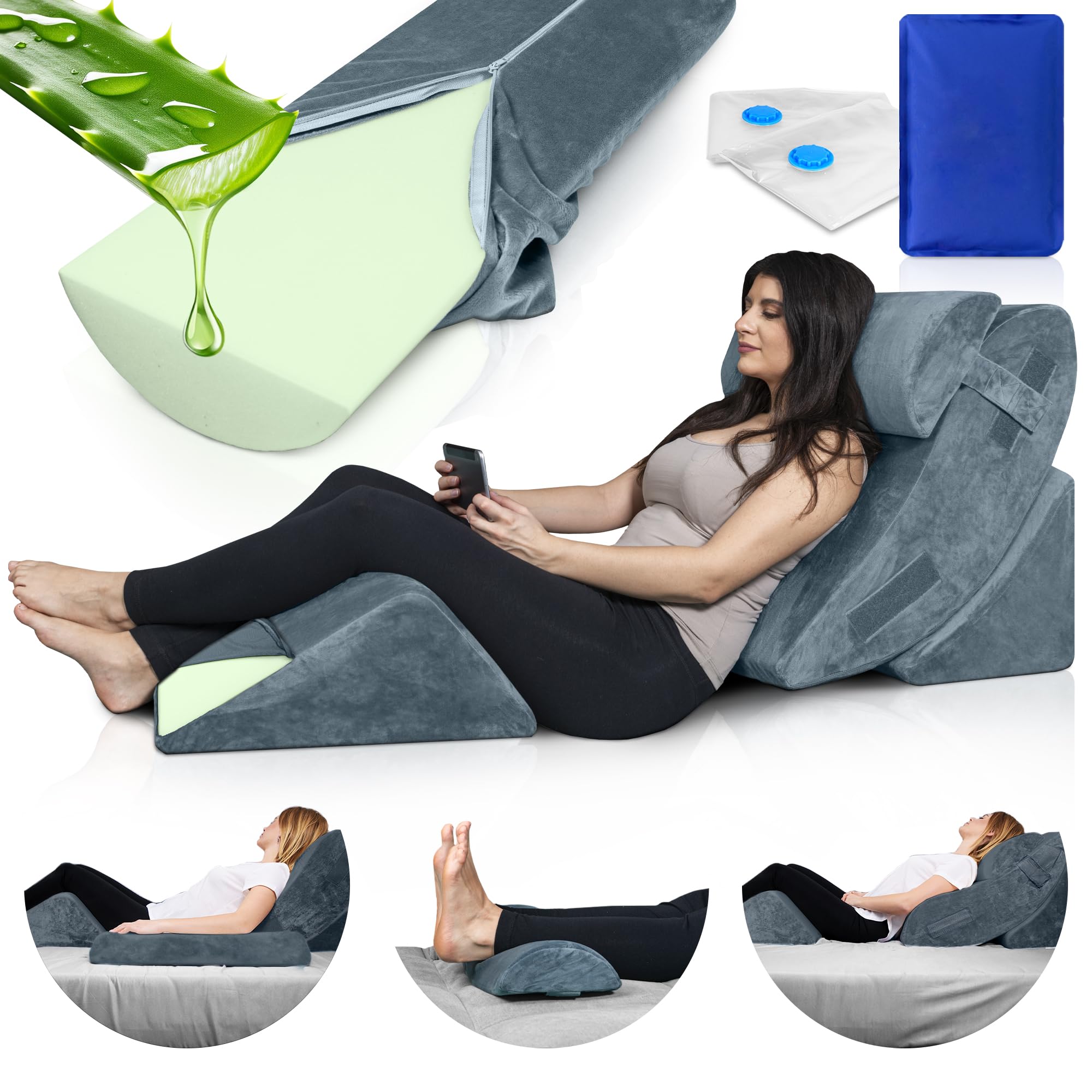 4pcs Orthopedic Bed Wedge Pillow Set, Post Surgery Aloe Vera Memory Foam for Back