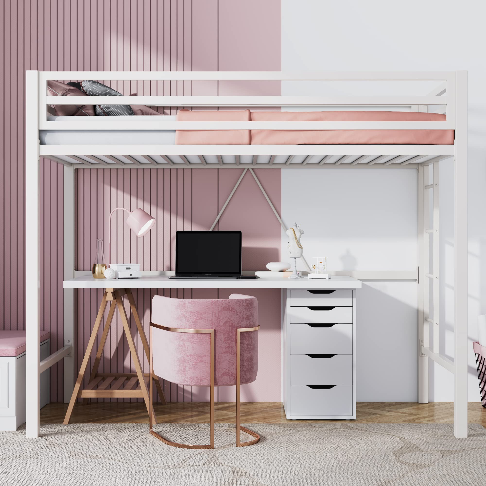Loft Bed Twin Size with Ladder and Guardrail