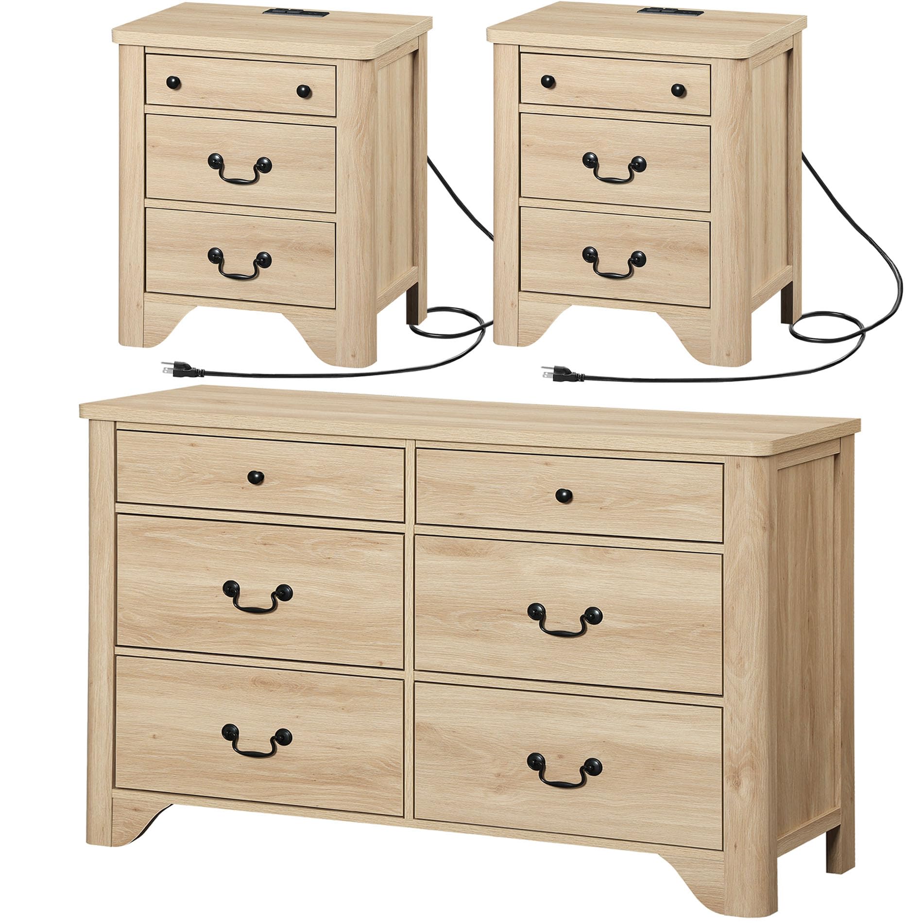 3 Piece Farmhouse Dresser and Night Stand Sets, 6 Drawer Dresser and Nightstands Set