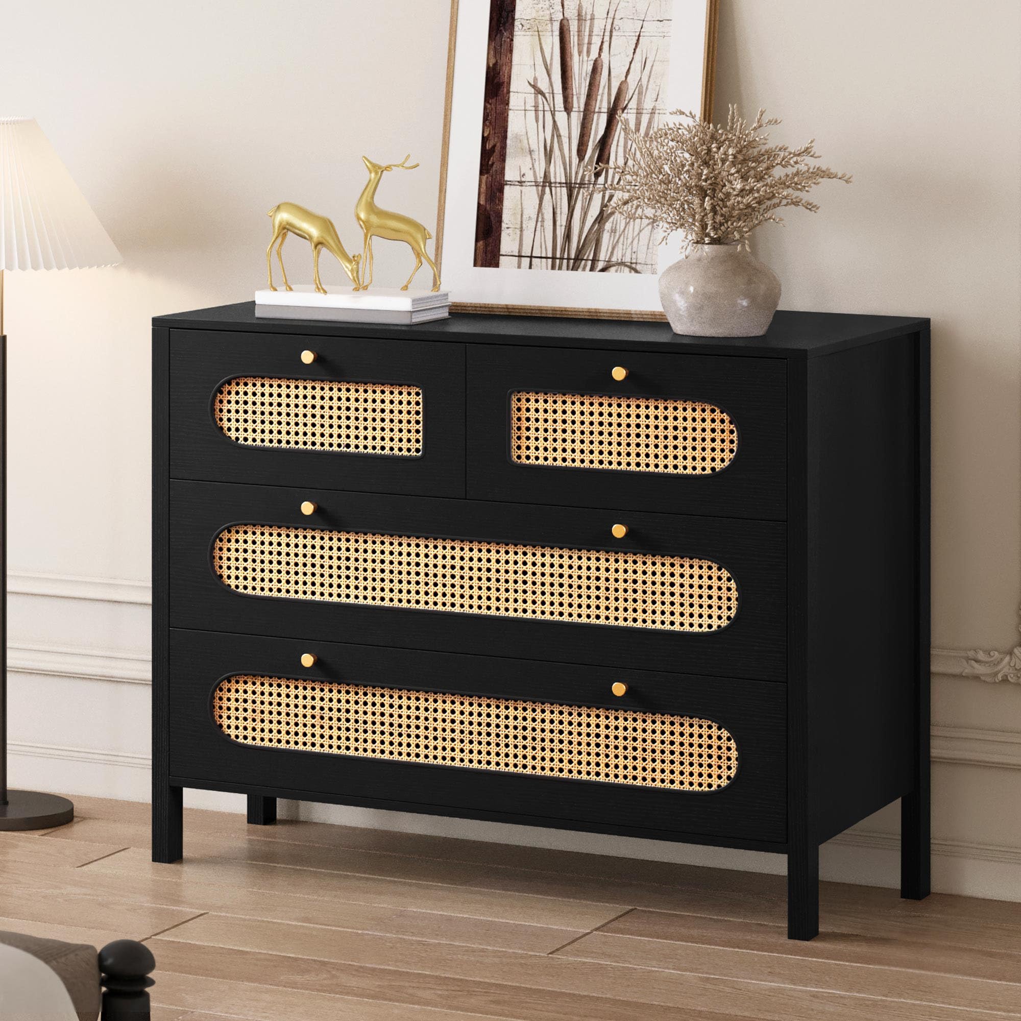 Natural Rattan 4 Drawer Dresser, Black Rattan Dressers Chest of Drawers