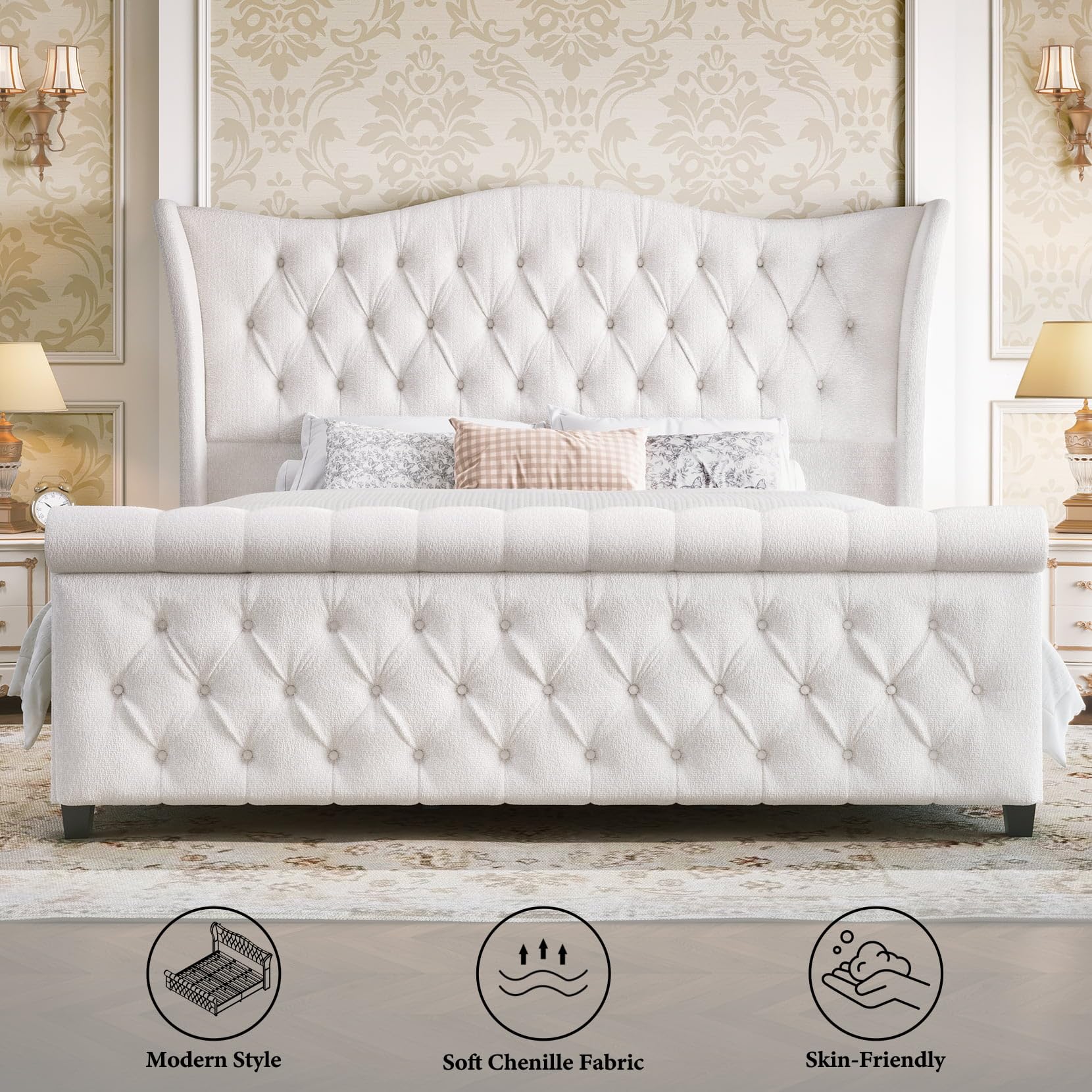 Bed Frame Chenille Upholstered Platform Sleigh Bed with 51" Scroll Wingback Tall  Slats Support/No Box Spring Required/Cream