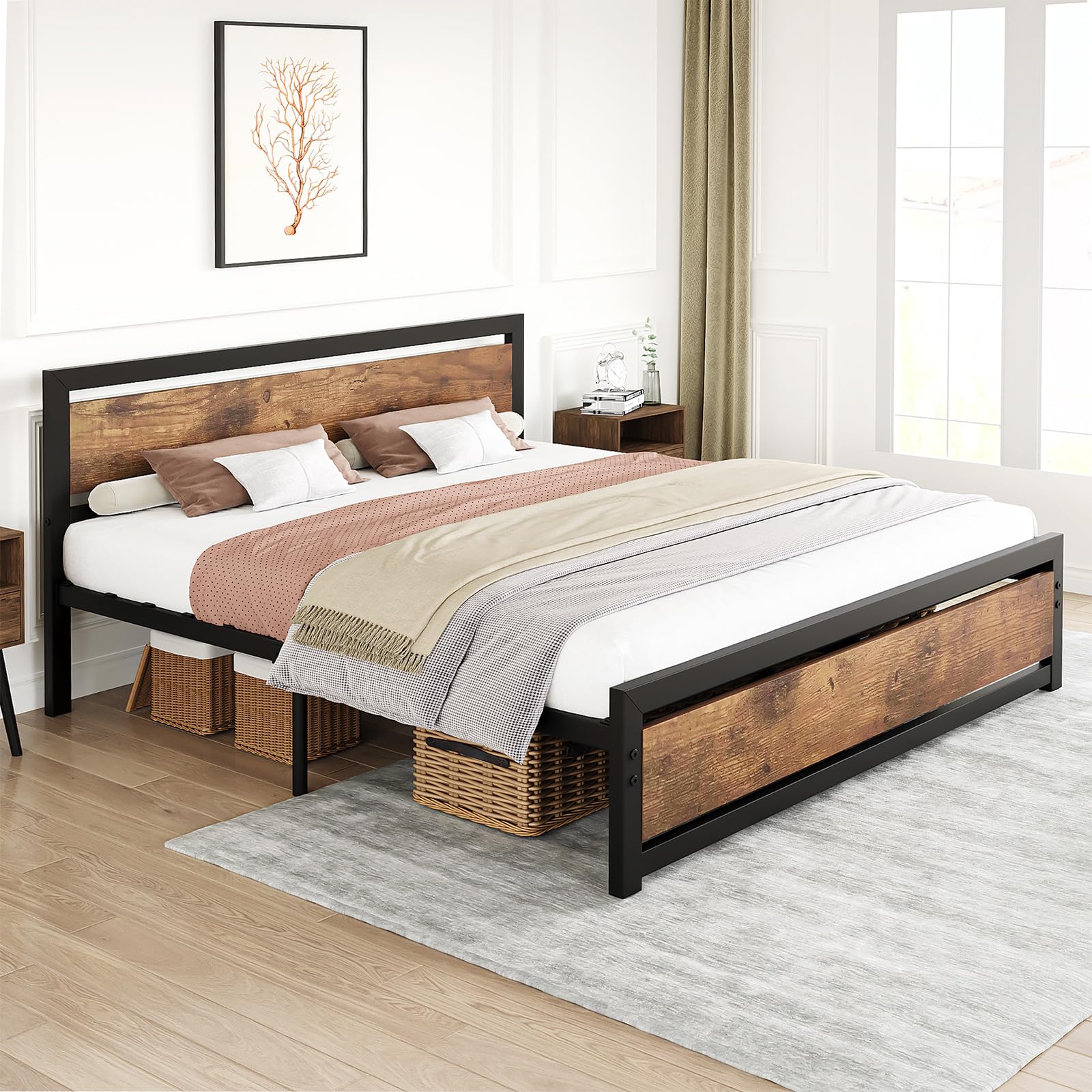 King Size Bed Frame with Wooden Headboard and Footboard