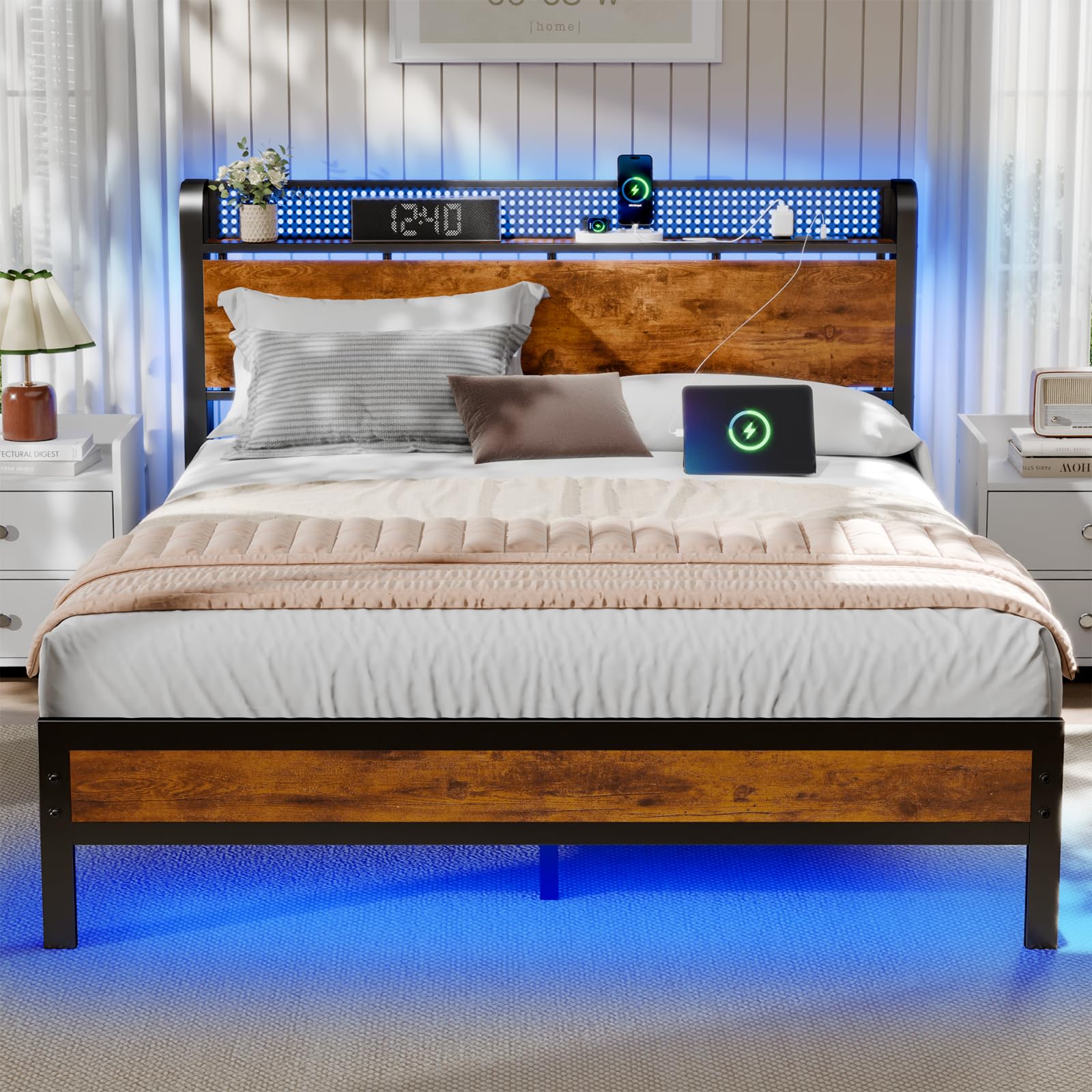 Full Bed Frame with LED Lights,Industrial Storage Headboard