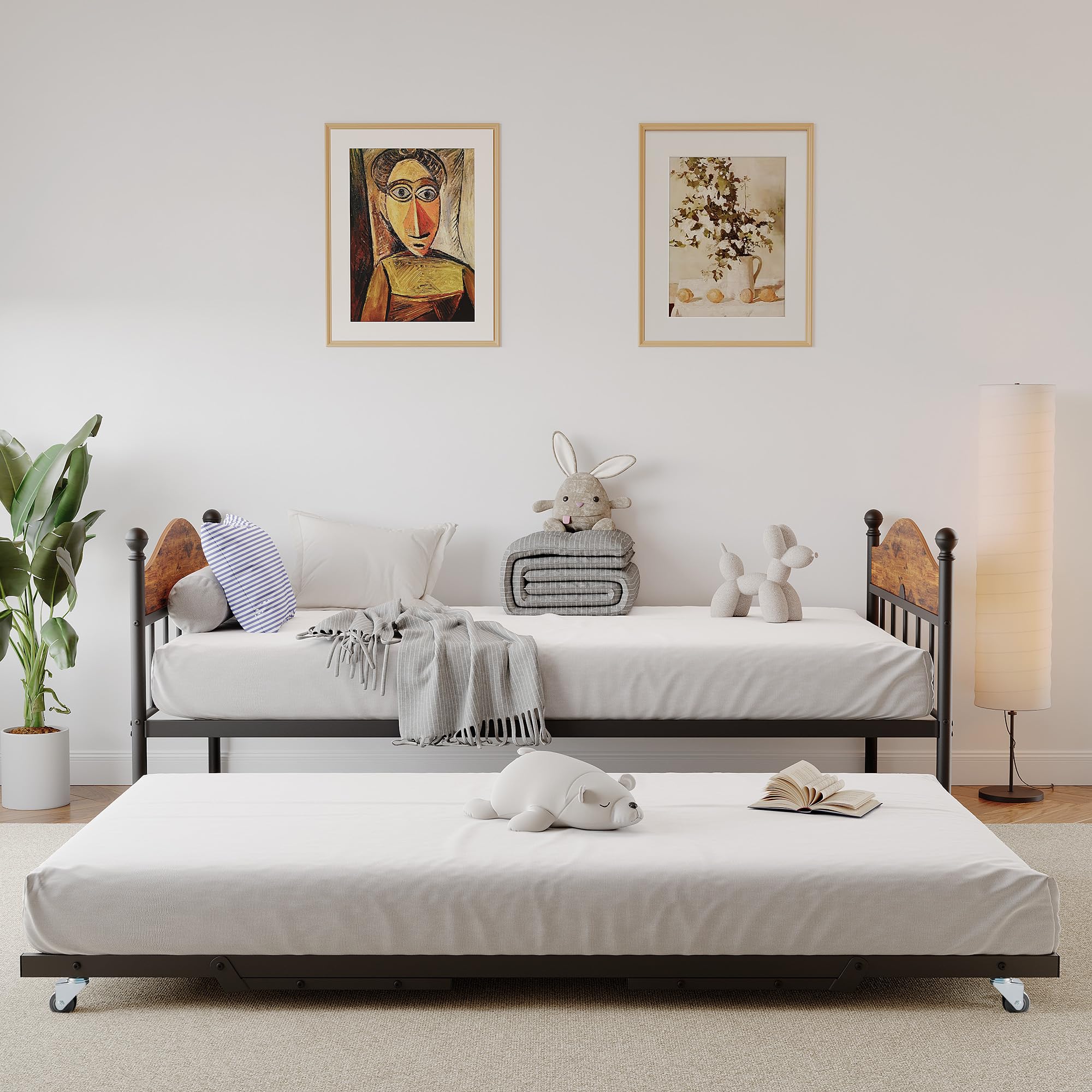 Trundle, Sturdy Metal Twin Size Day Bed with Stylish Headboard, Height Adjustable