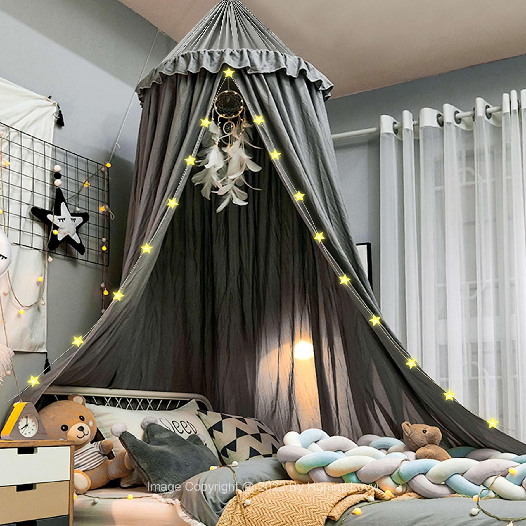 Bed Canopy for Girls, Dreamy Frills Ceiling Hanging Princess Canopy Bedroom Decoration