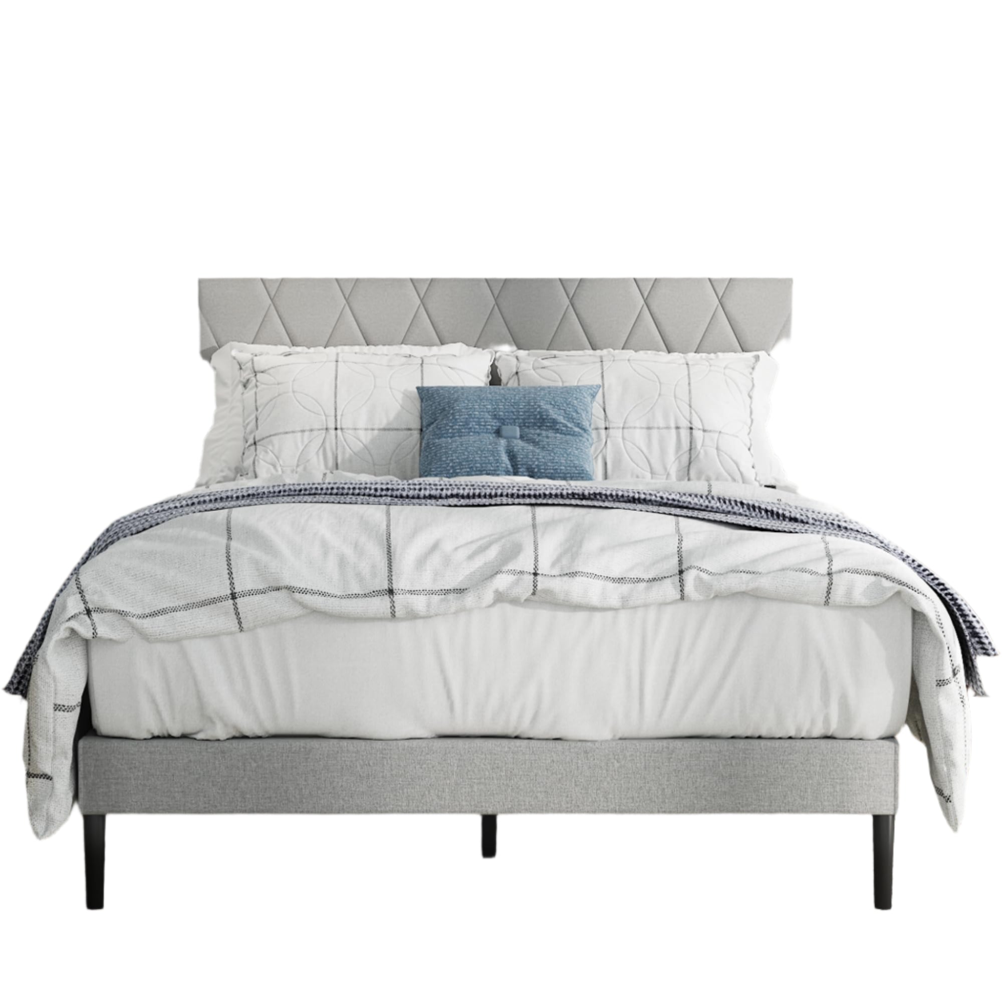 Queen Size Bed Frame with Velvet Upholstered Headboard, Platform Bed