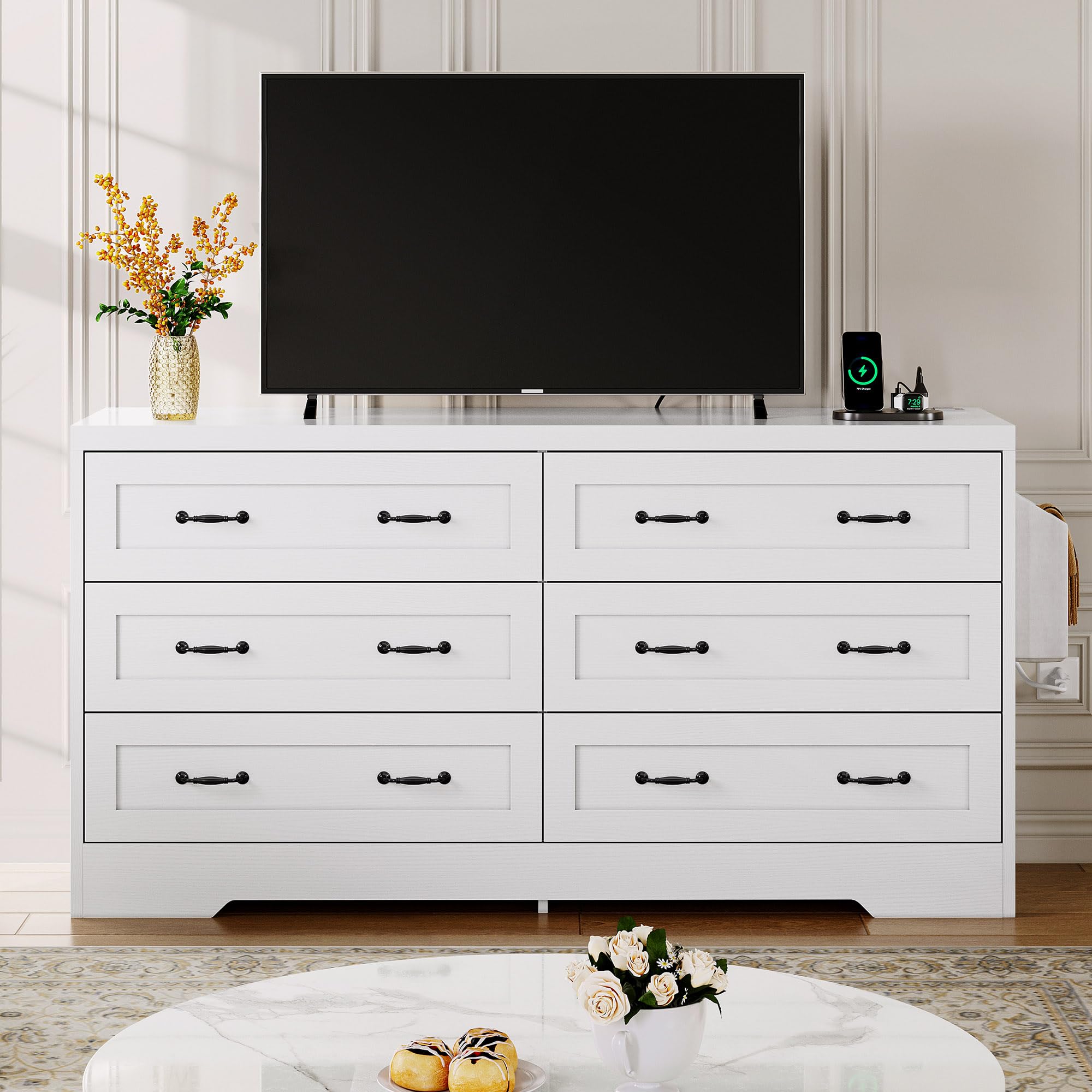 Farmhouse 6 Drawer Dresser for Bedroom, 59" Wide Large Modern Dresser TV Stand