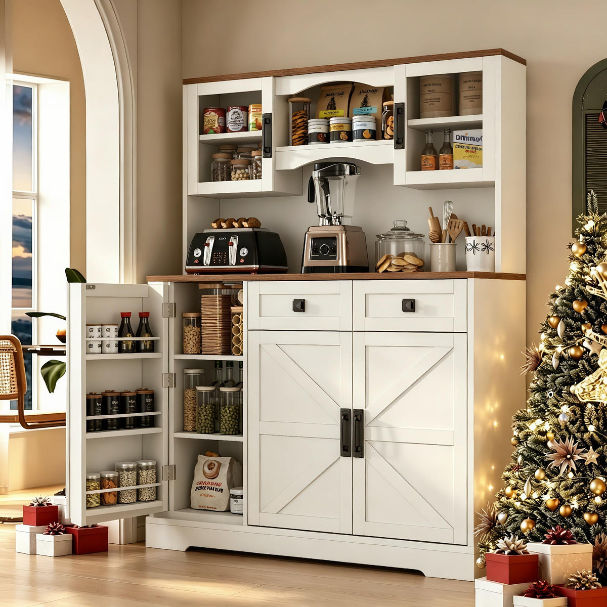 60" Tall Pantry Cabinet with Glass Doors, 2 Drawers & Door Spice Rack