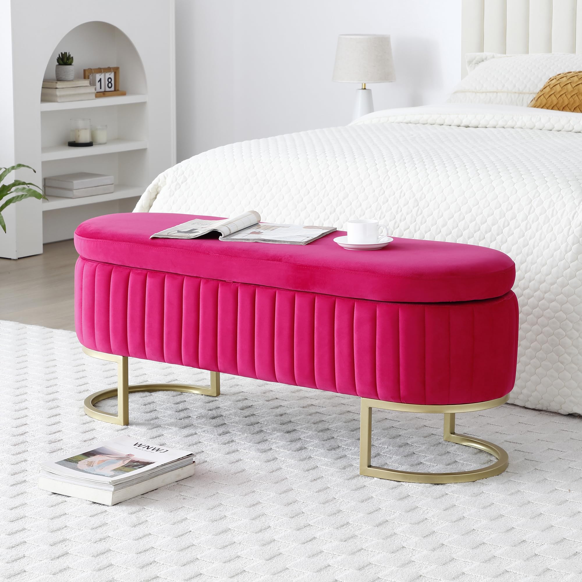 Modern Storage Ottoman Bench, Velvet Oval Upholstered End of Bed Bench