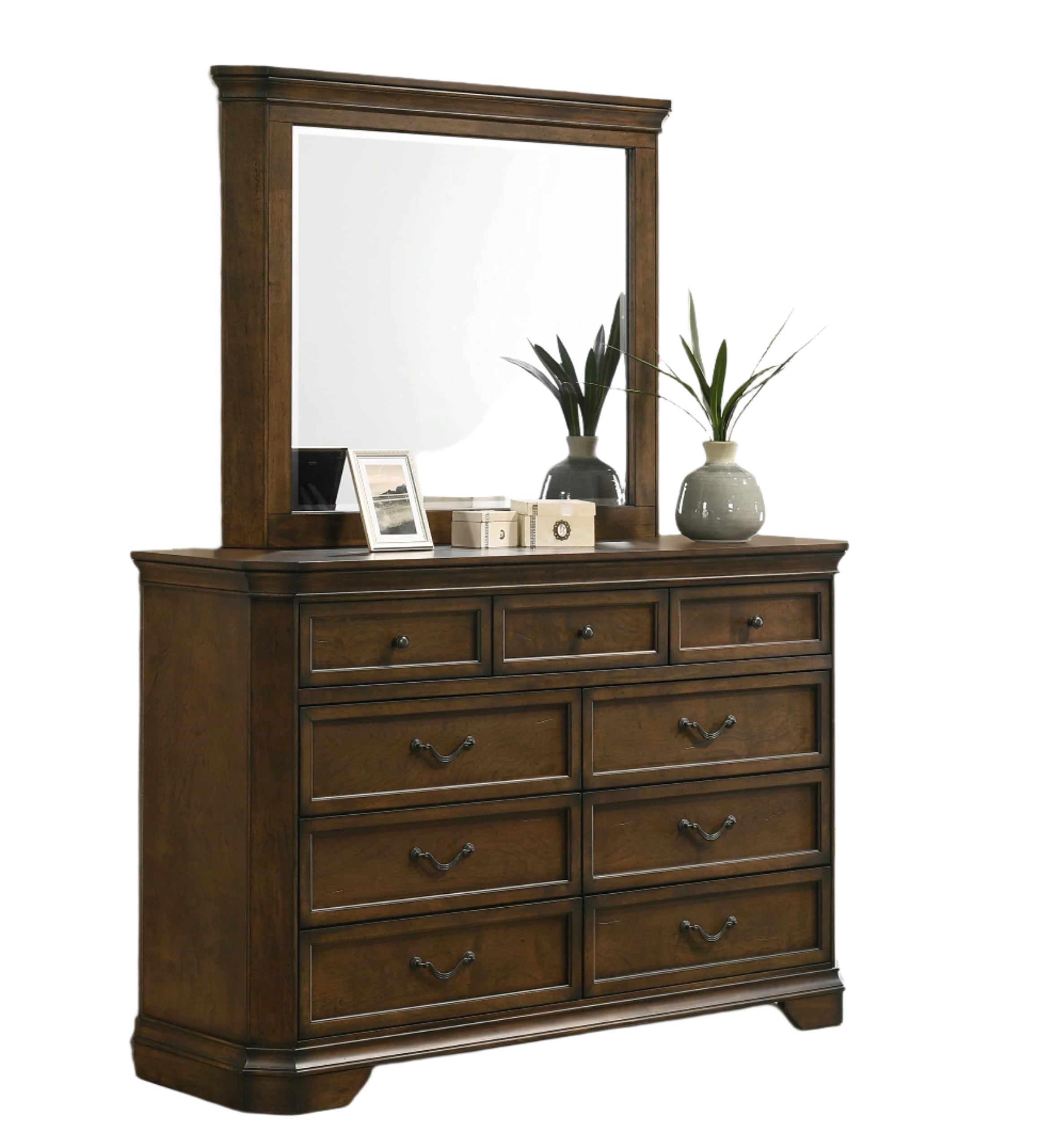 Maderne Traditional Wood Panel Bed with Dresser, Mirror, Two Nightstands