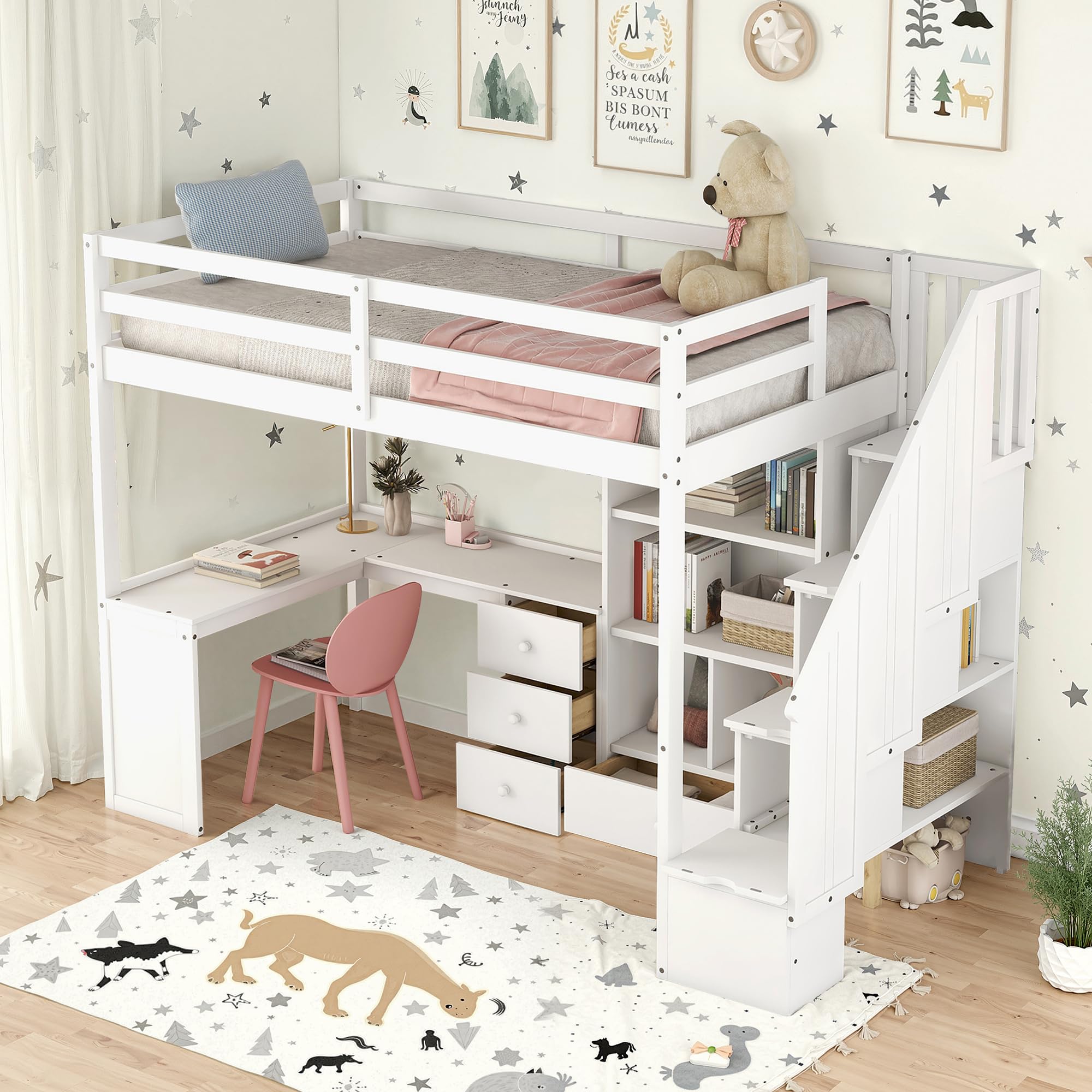 Size Loft Bed, Kids Bed Frame with L-Shaped Desk, Drawers, Cabinet