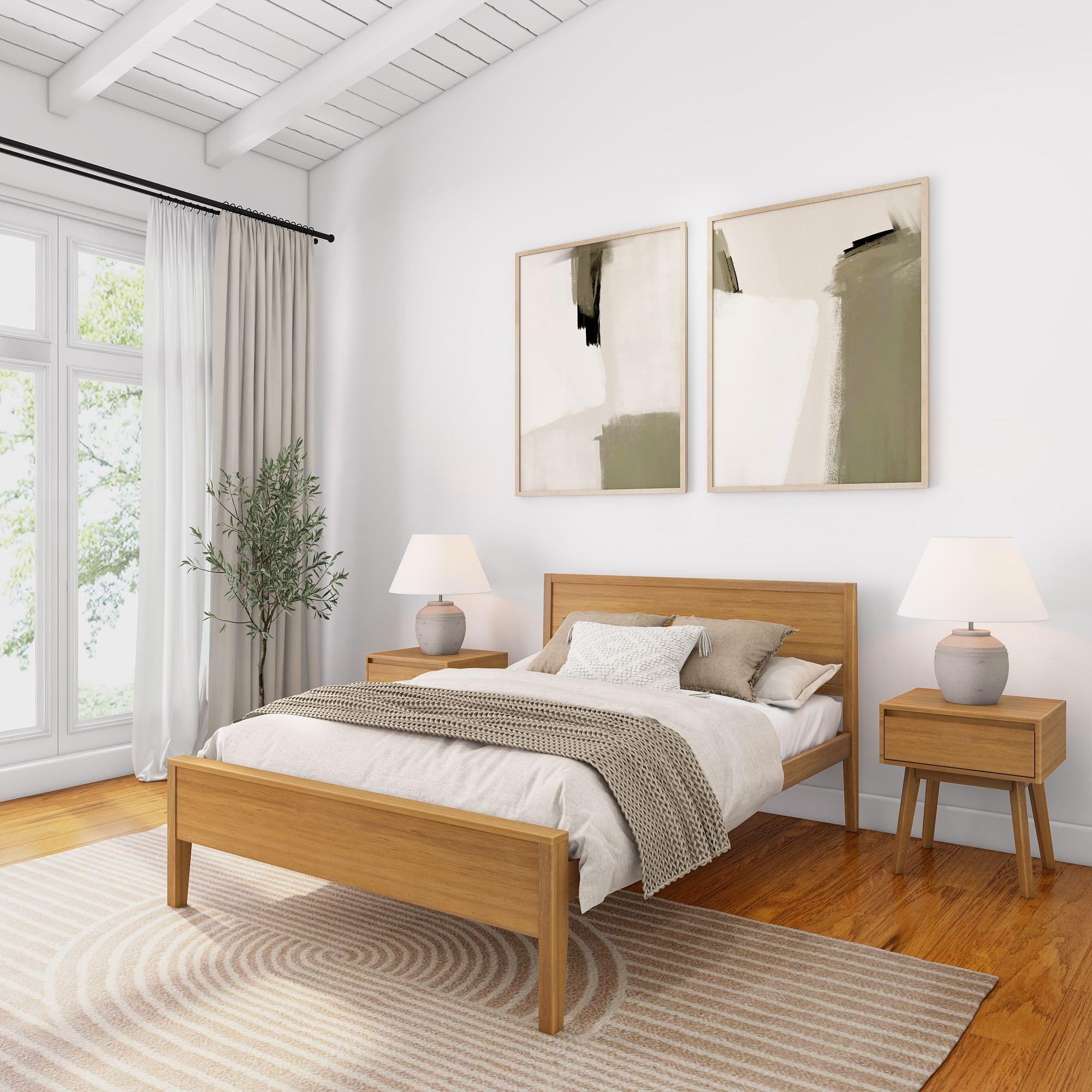 Solid Wood Full Bed Frame with Panel Headboard, Modern Full Platform Bed