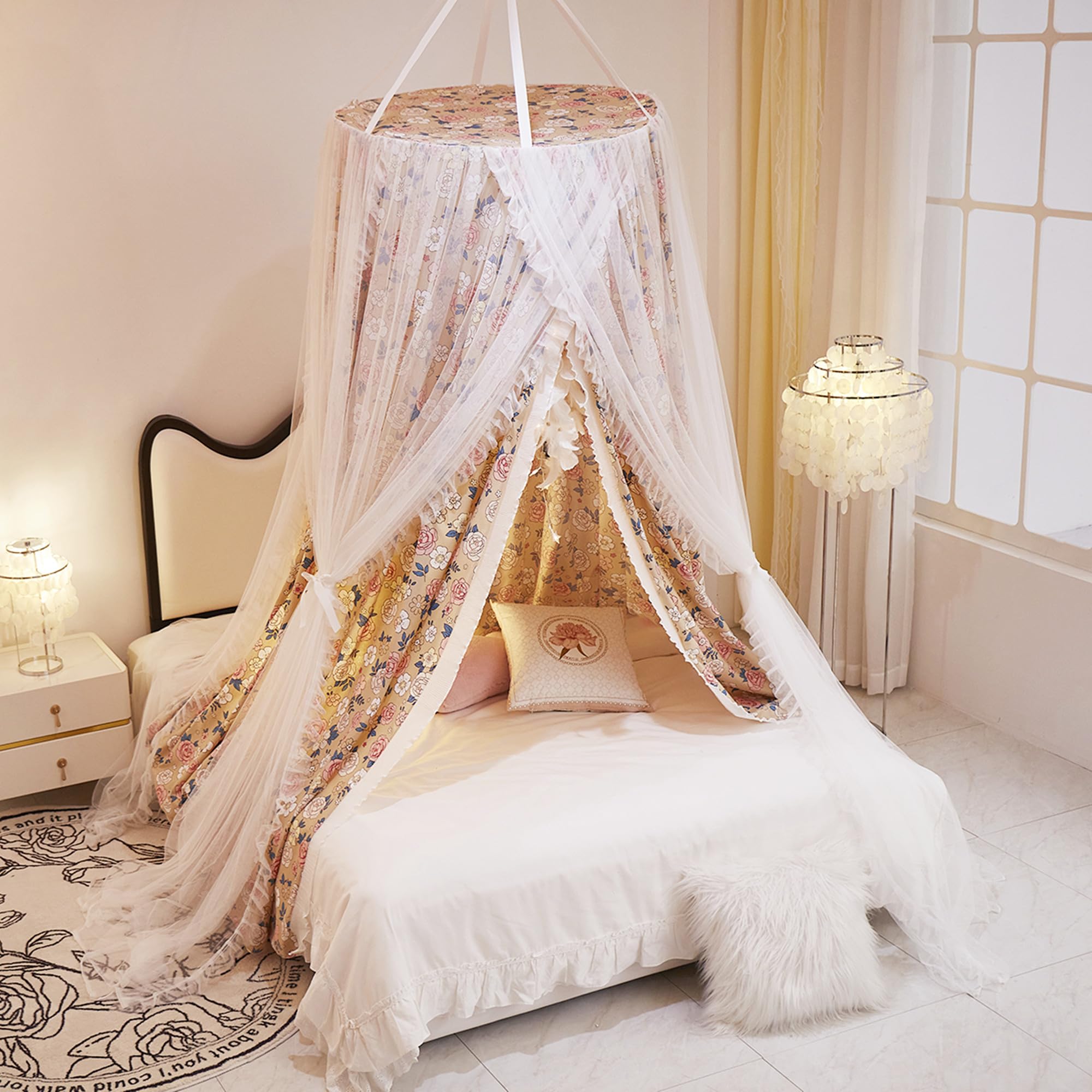 Double Layer Princess Round Dome Canopy Bed Curtain for Girls Adults