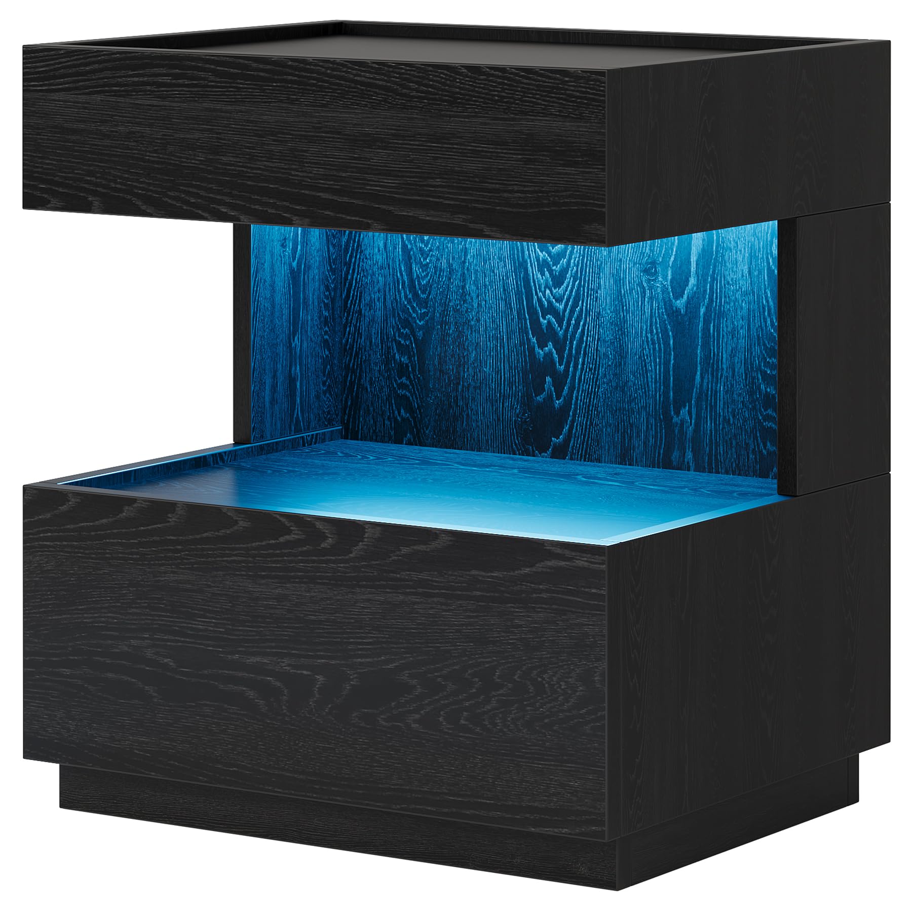 Black Nightstand, Modern LED Night Stand with 2 Drawers, Wood Bedside End Table