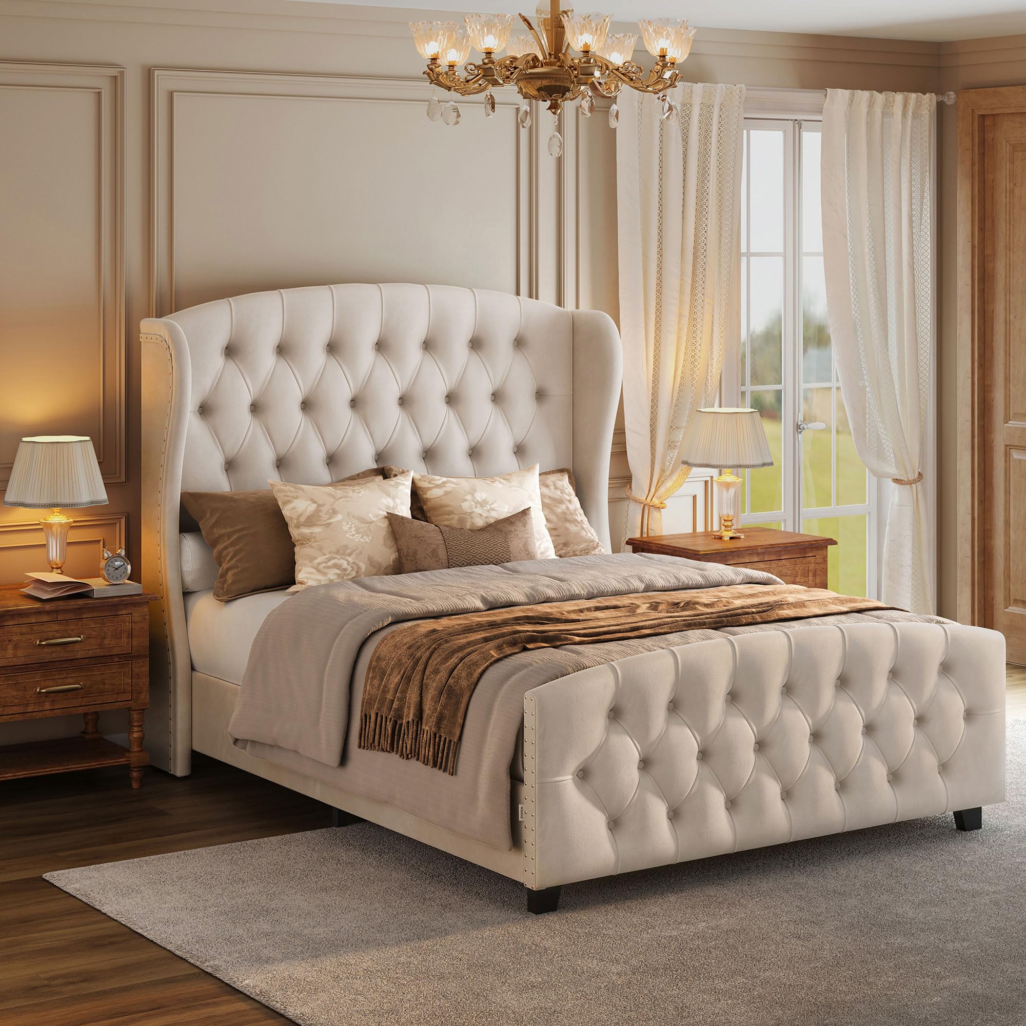 Queen Bed Frame with Tall Headboard, Upholstered Platform Bed