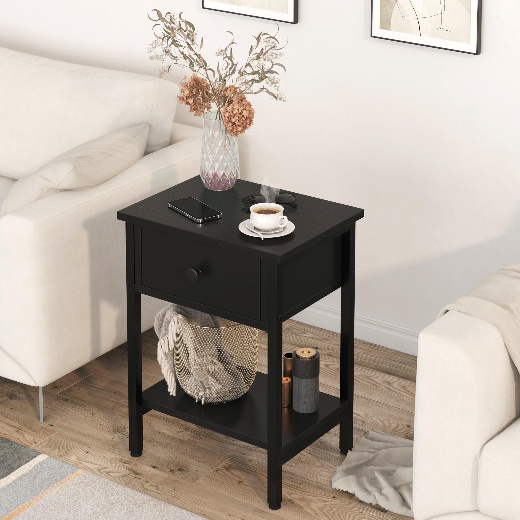 Nightstands Set of 2 with Drawers, Bedside Table Set of 2 with Storage Shelf